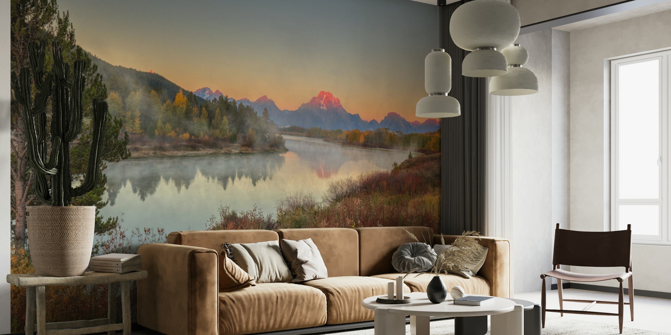 Scenic wall mural of sunrise at Oxbow Bend with mountains and reflective water