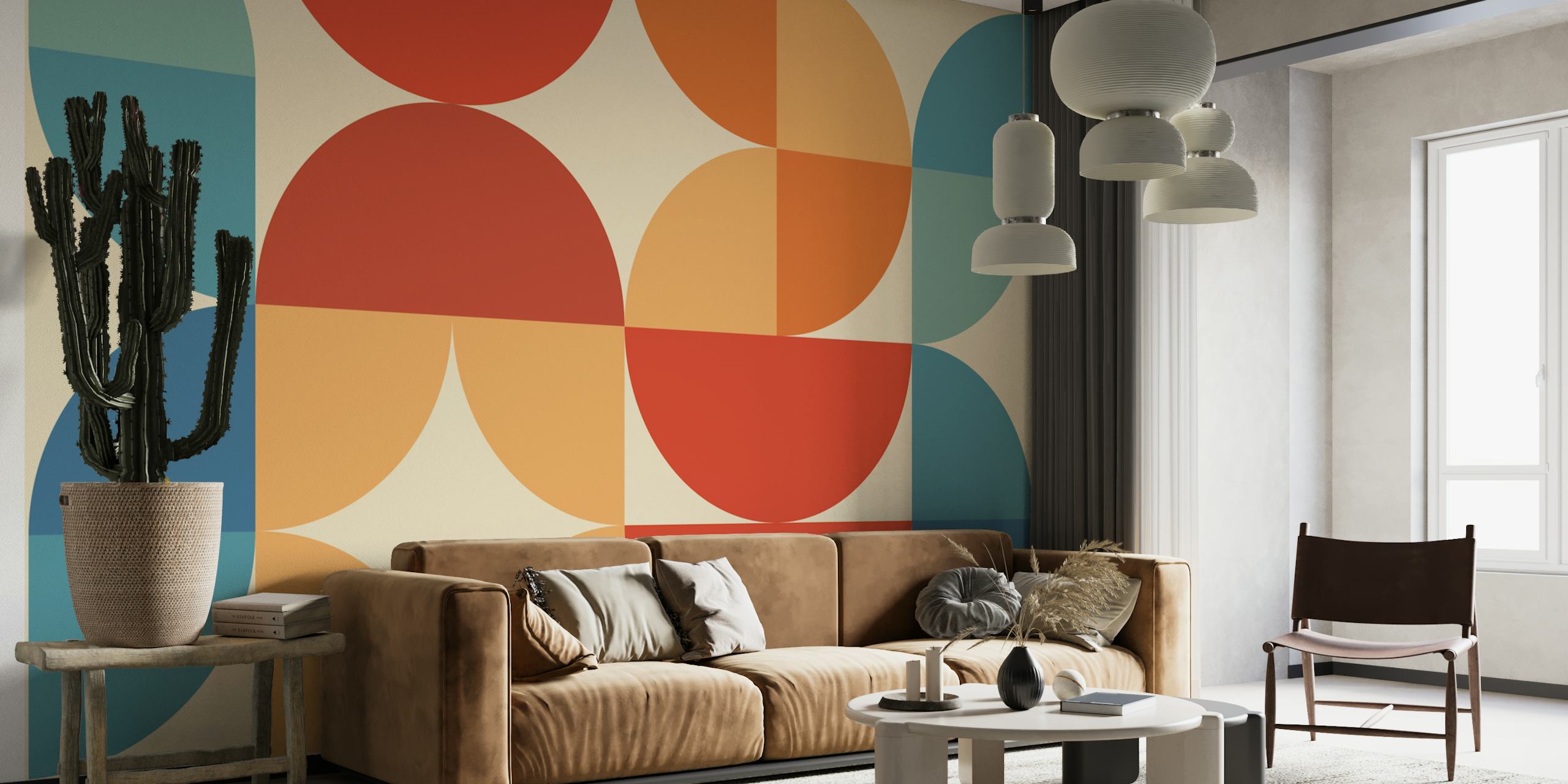 Geometric shapes in red, orange, blue, and teal on a beige background wallpaper