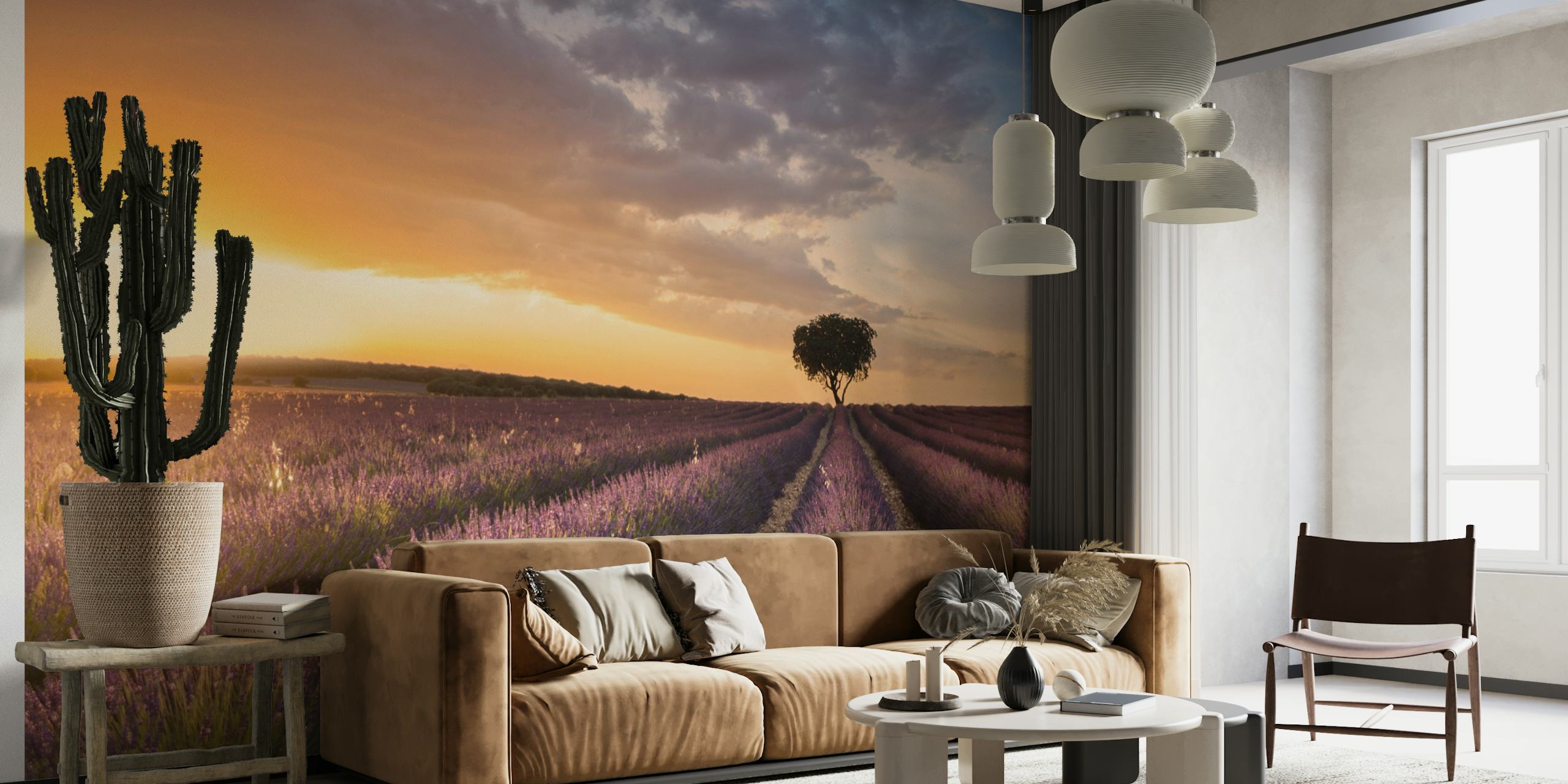 Lavender fields with sunset and a single tree wallpaper