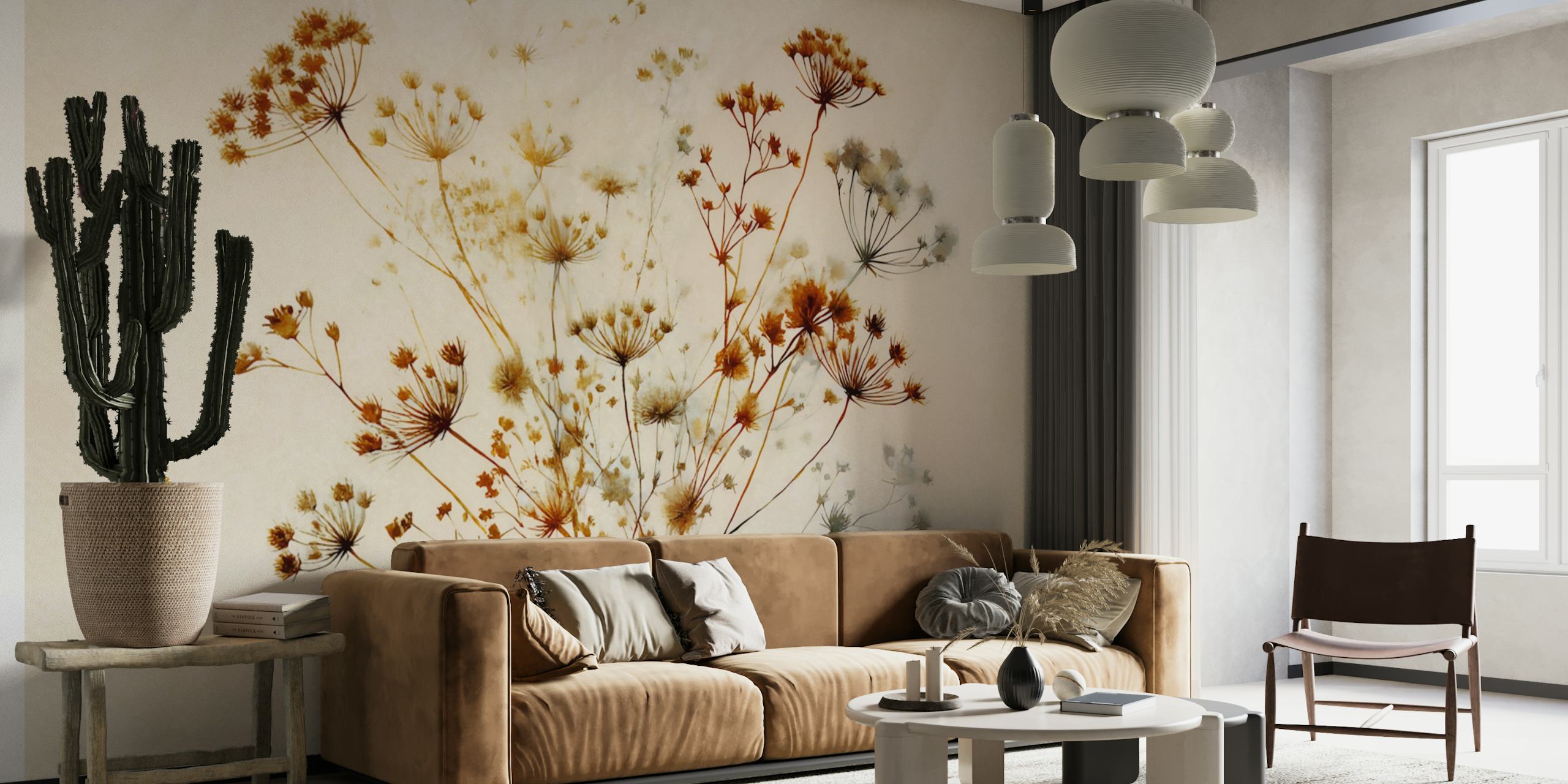 Delicate beige botanical floral wallpaper with soft tones and muted flowers