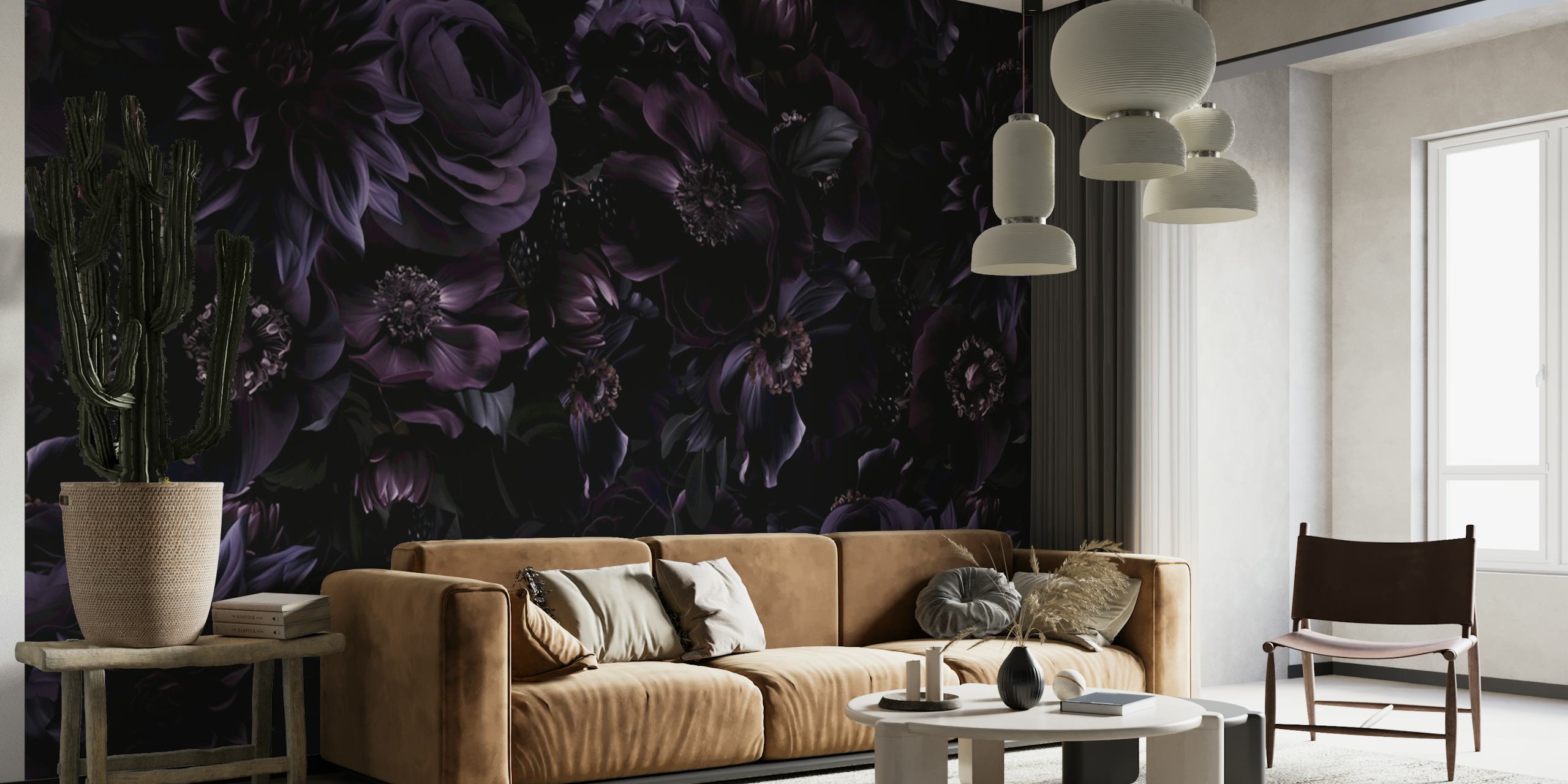 Dark purple floral pattern with roses and dahlias wallpaper