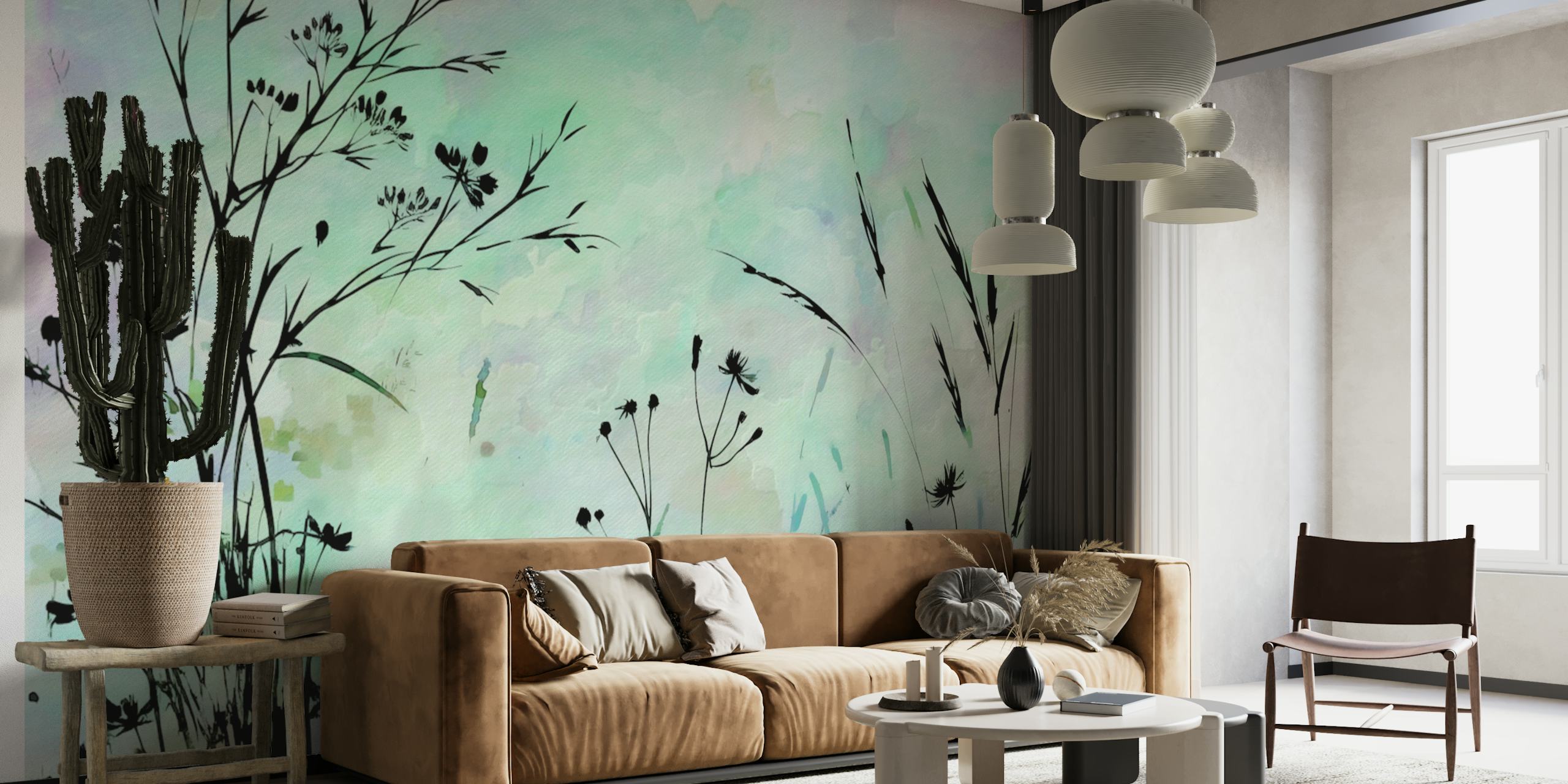 Turquoise floral silhouettes against a pastel background wallpaper