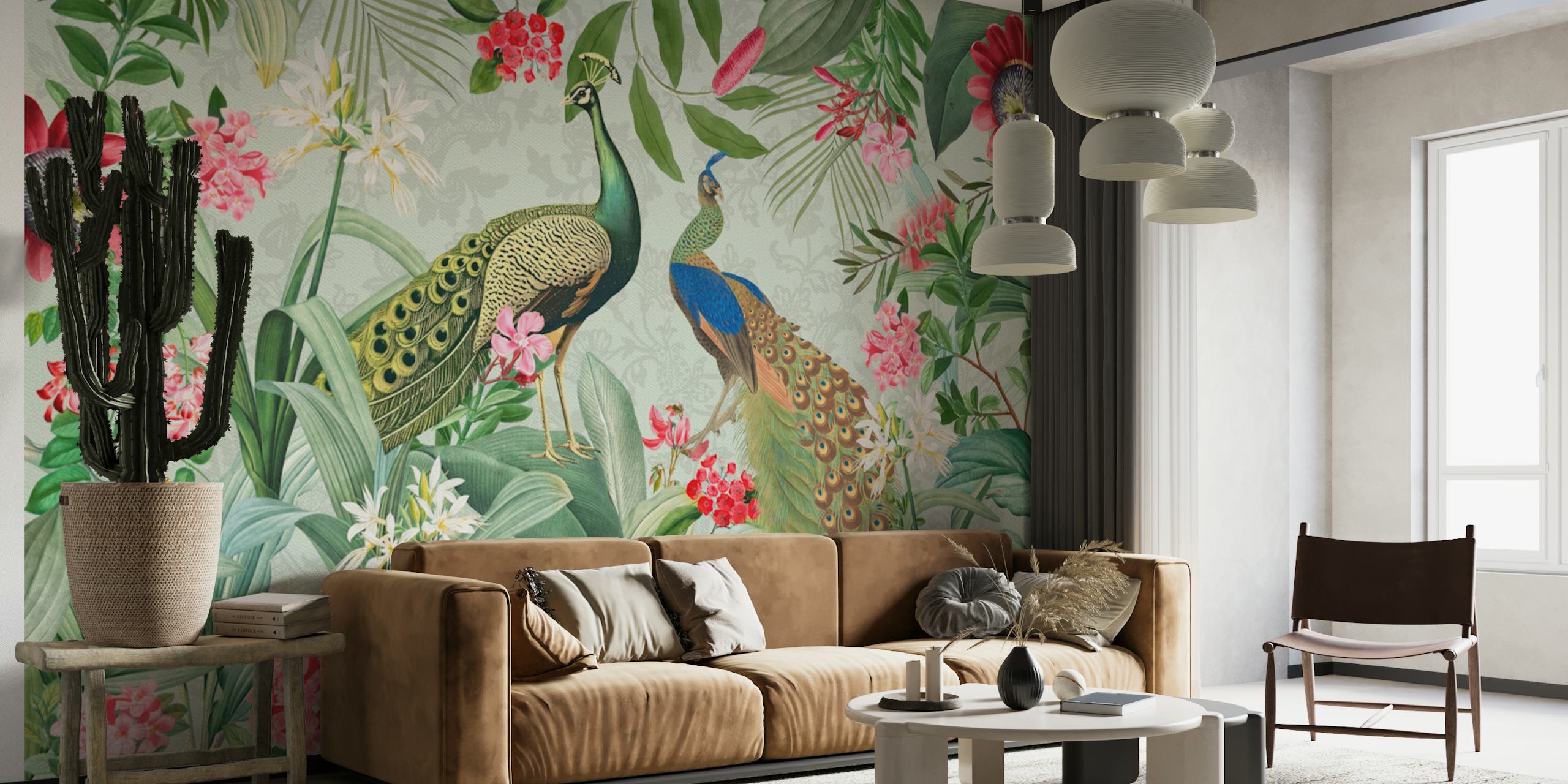 Blue Peacock Exotic Jungle Garden wallpaper design