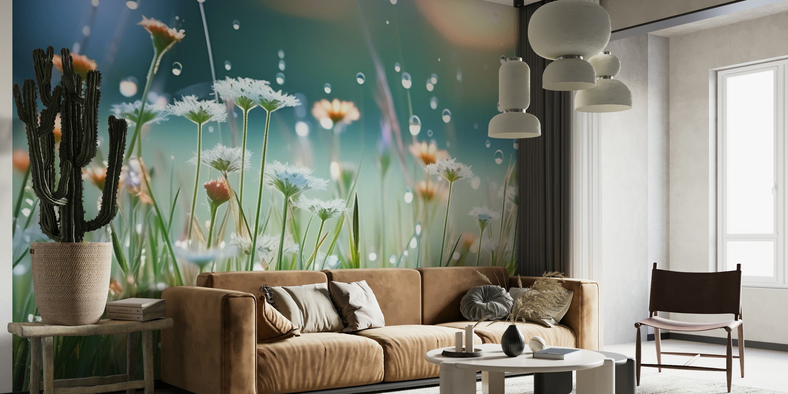Floralna tapeta Sparkling Dew Bliss u sobi