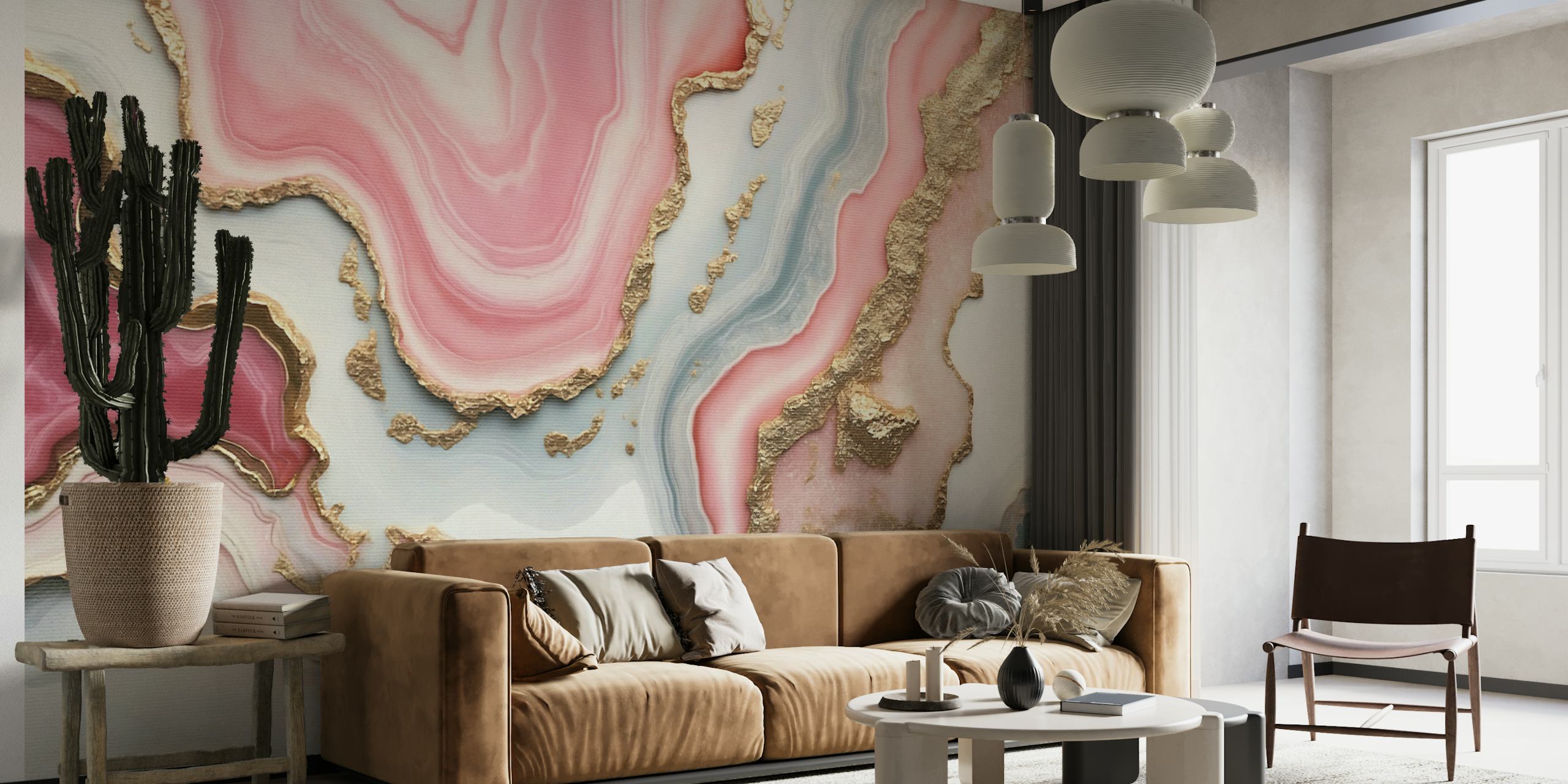 Marmer effect met roze, gouden en witte tinten wallpaper