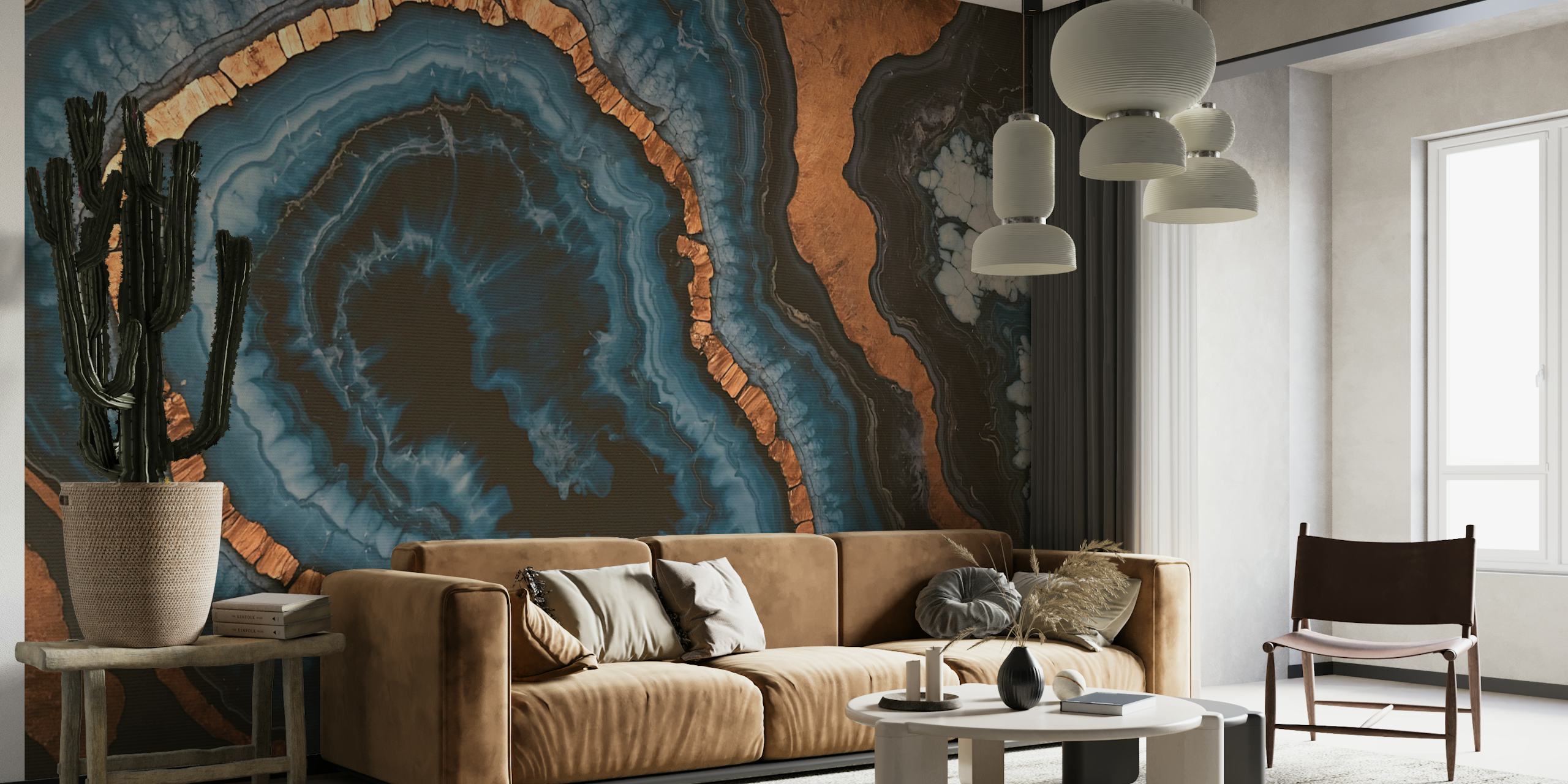 Papel de parede elegante blue marble com cobre e ouro