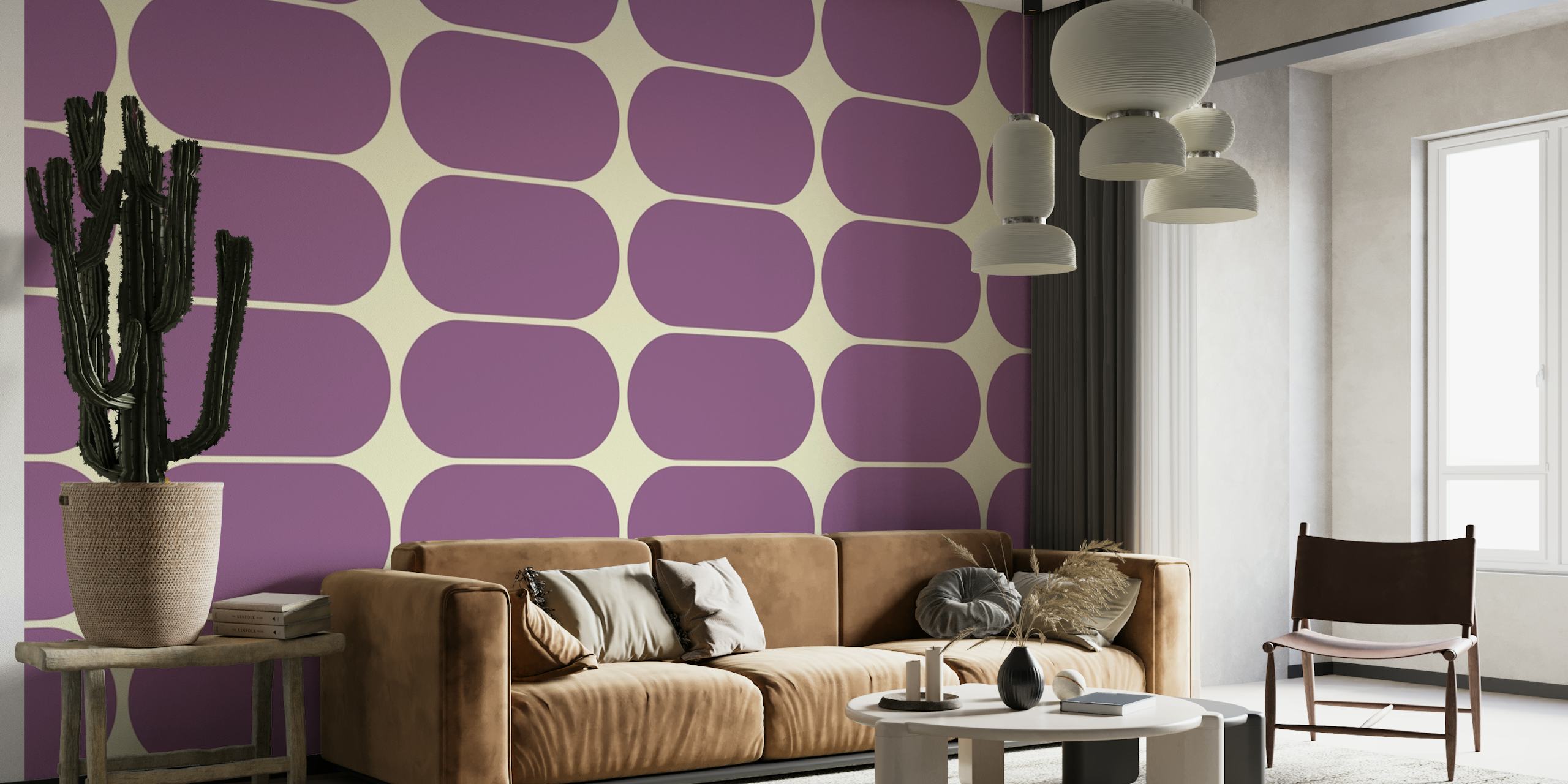 Purple oval shapes on cream background wallpaper