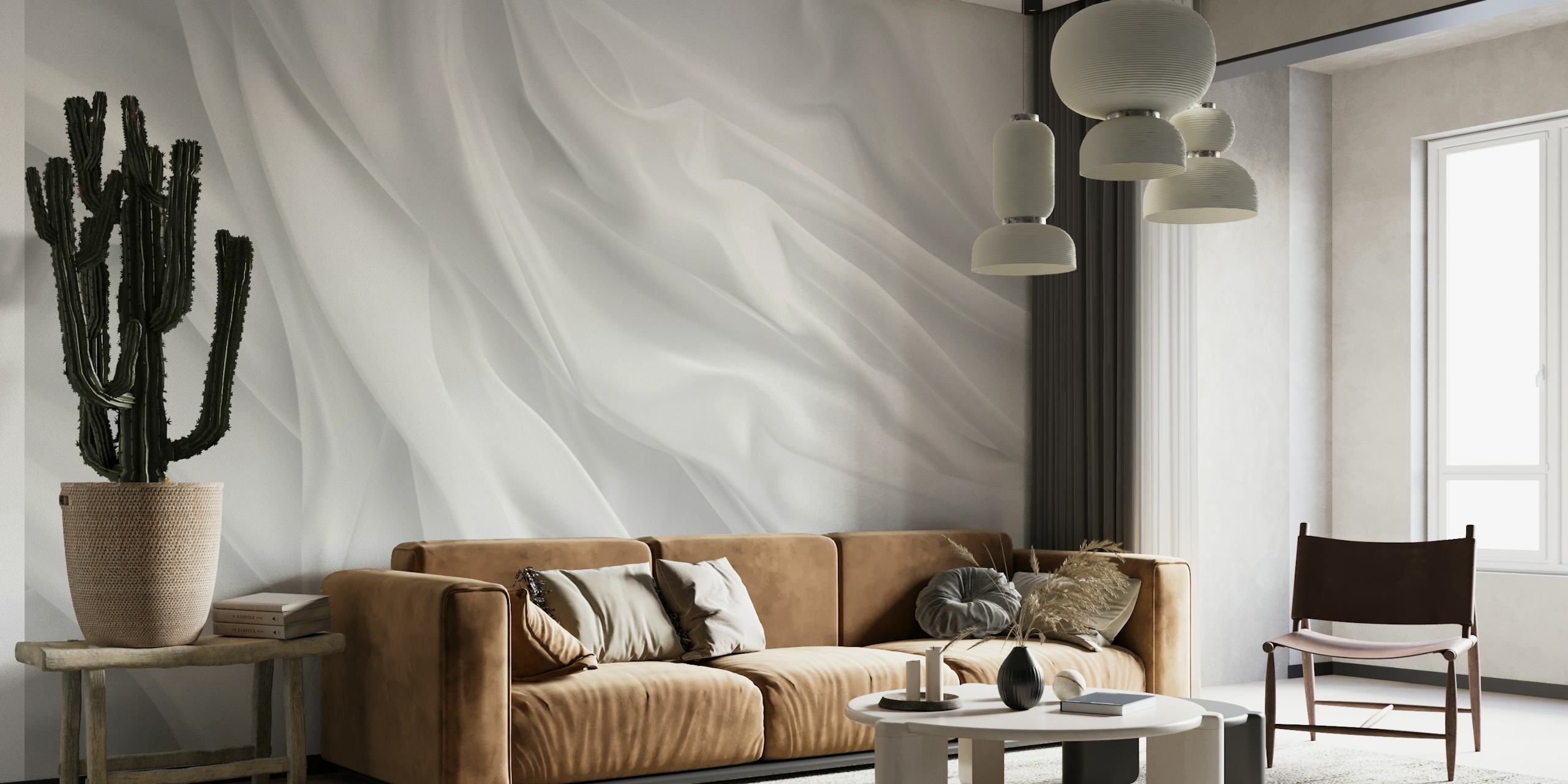 White satin texture wallpaper with flowing folds and smooth finish.