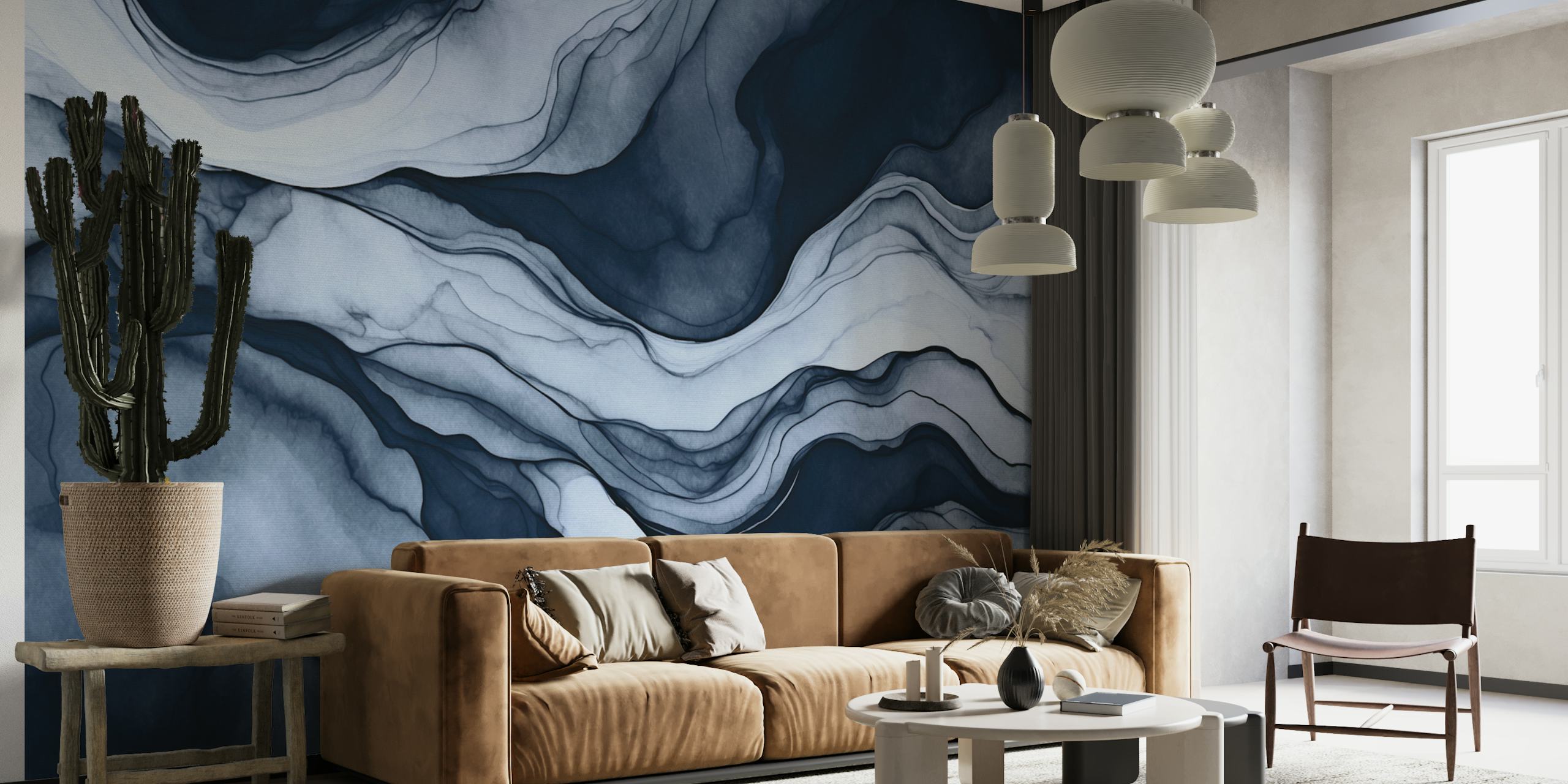 Abstract blue marble wallpaper with swirling lines in dark and light blue tones.