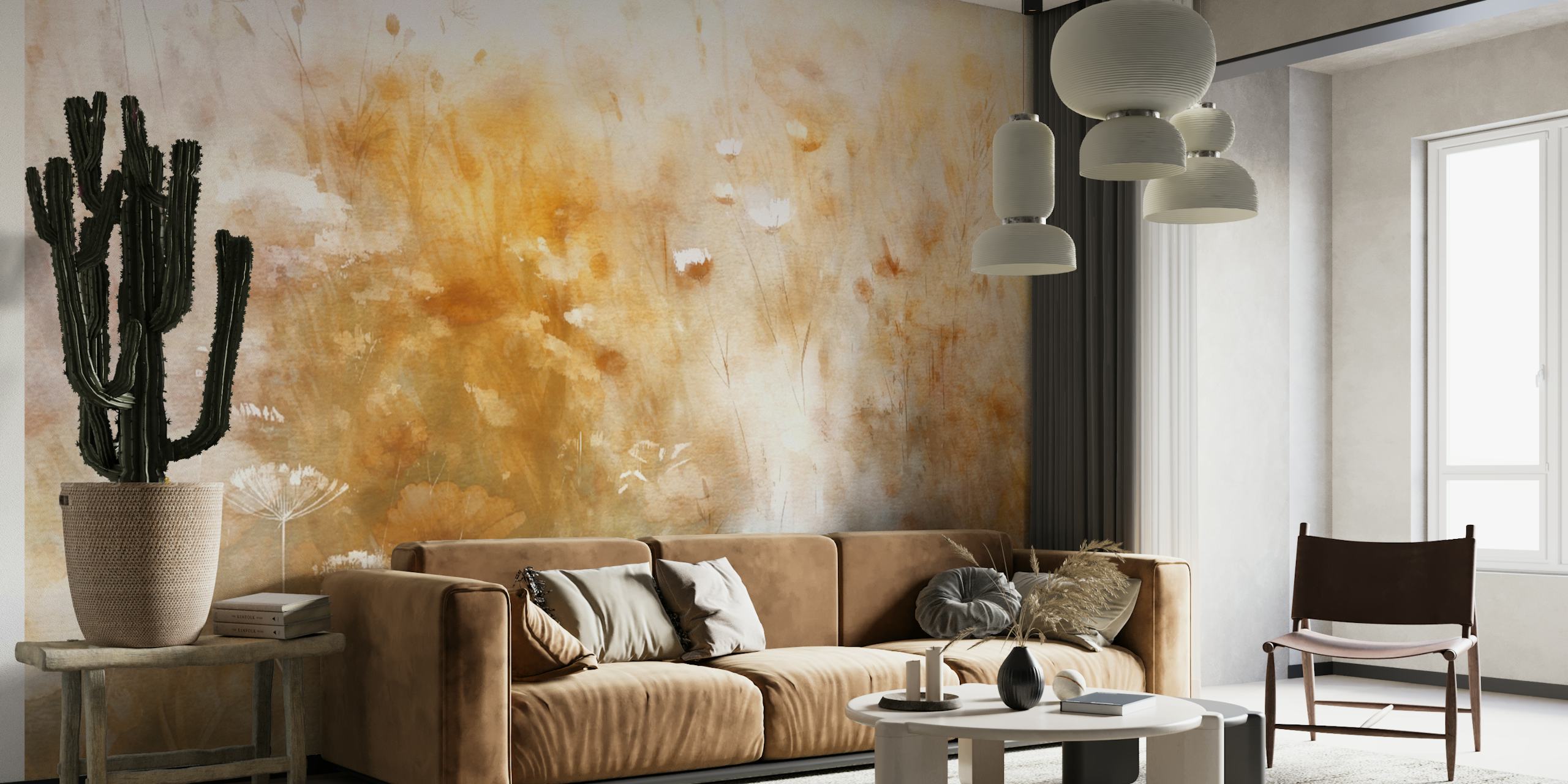 Watercolor floral wallpaper in warm earth tones