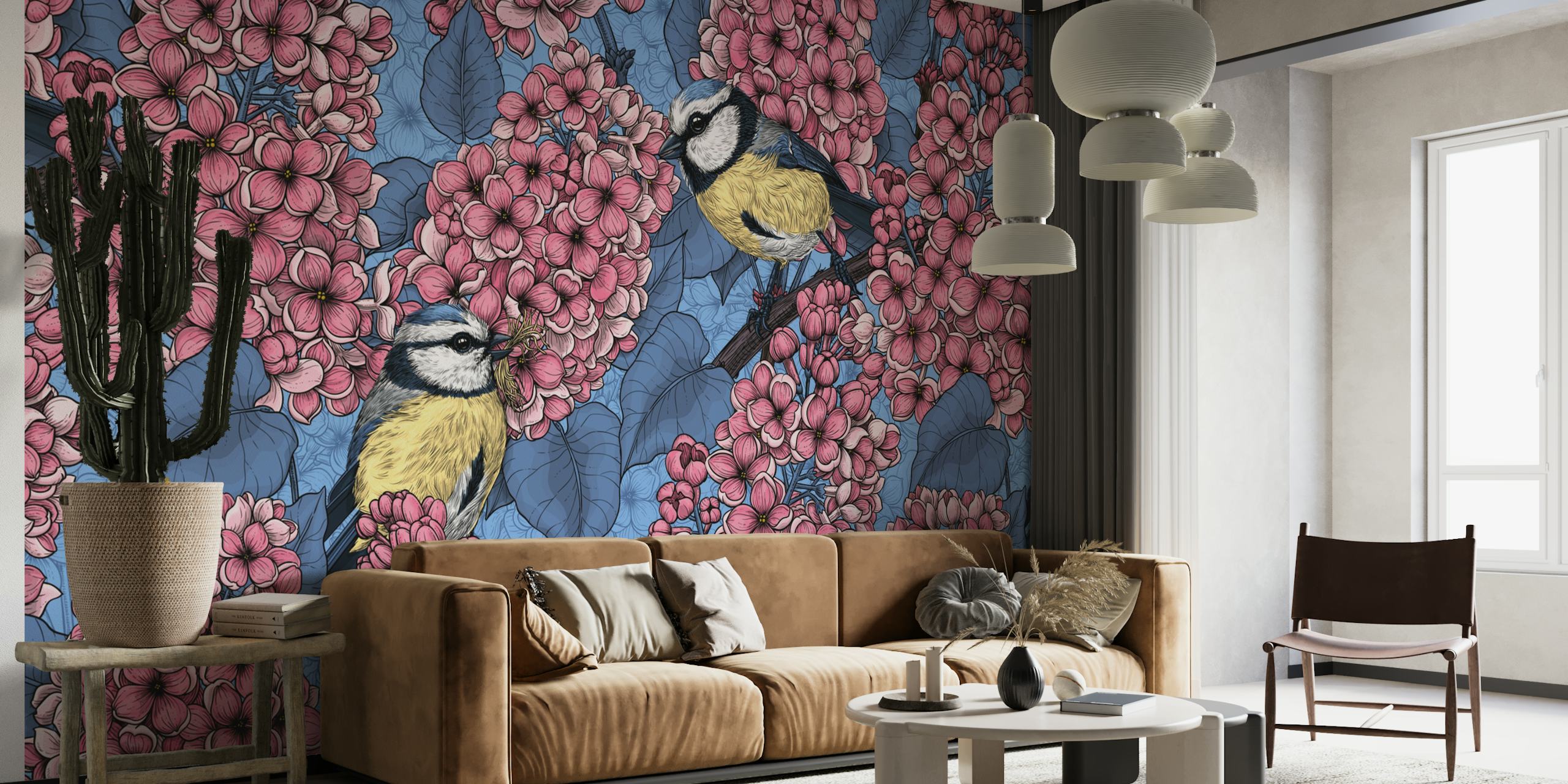 Charming wallpaper with tit birds and lilac flowers