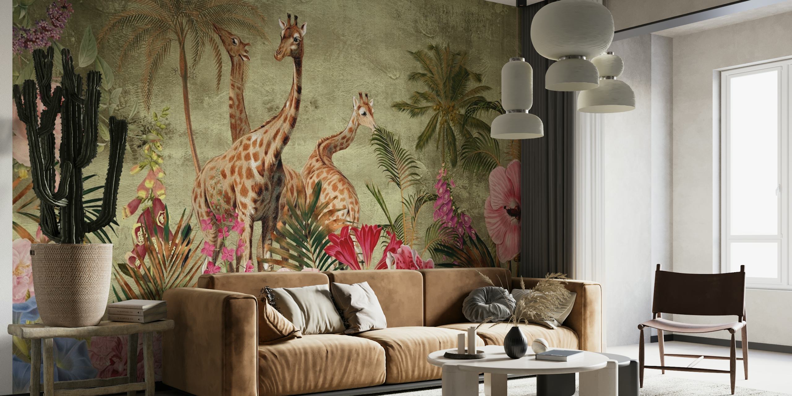 Tropische giraffe en bloemmotief muurschildering met vintage achtergrond
