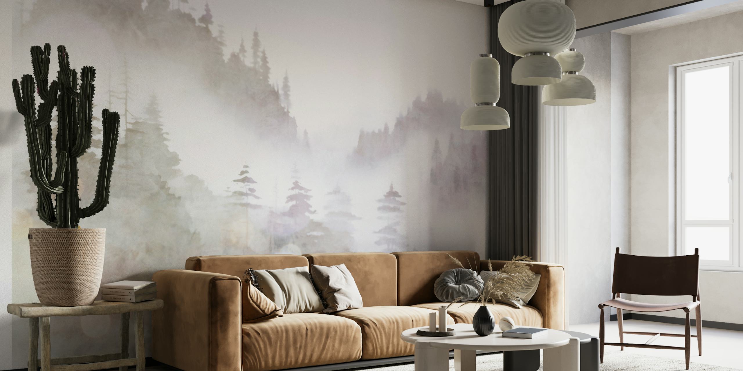 Watercolor of misty pine tree silhouettes in grey tones wallpaper