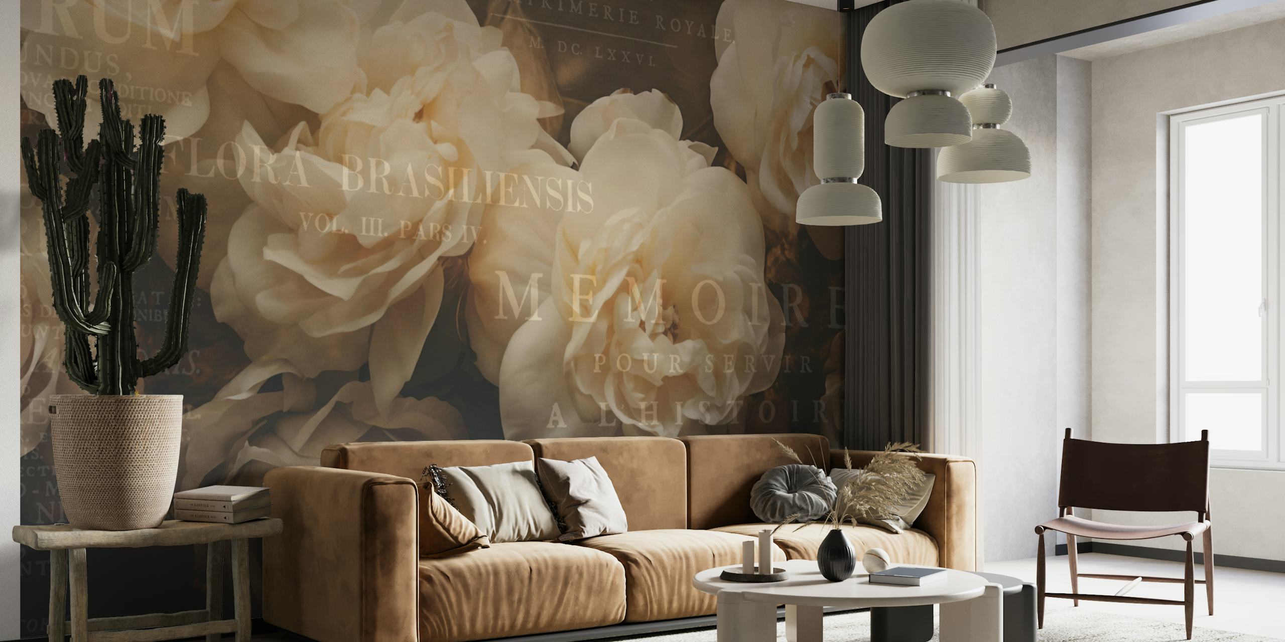 Soft peach flowers and scripted text on dark background wallpaper