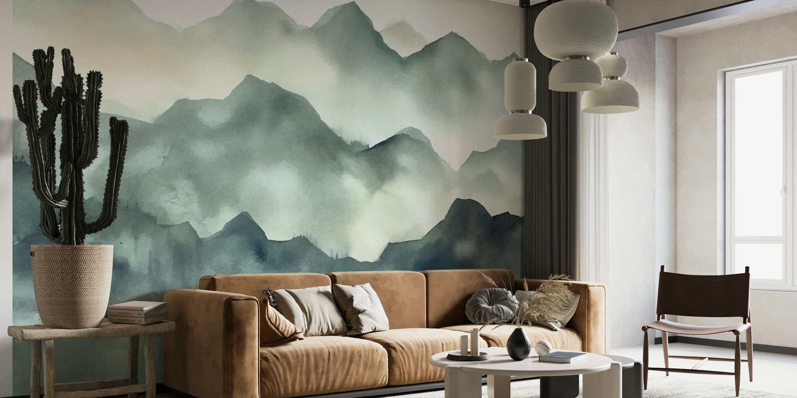 Misty Mountains Watercolor Landscape ταπετσαρία σε ένα δωμάτιο