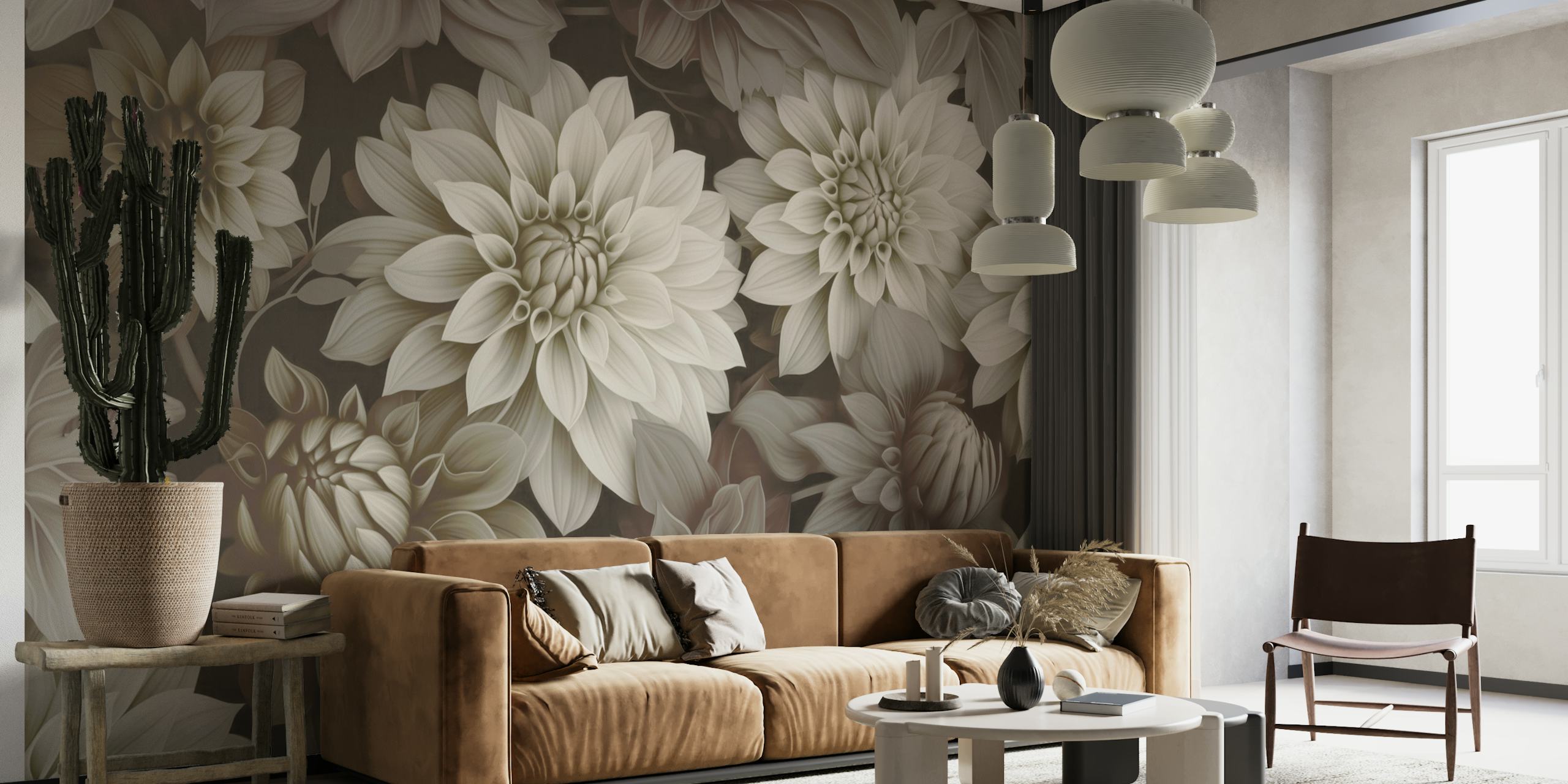 Ivory dahlia flowers with subtle textures in varying shades wallpaper