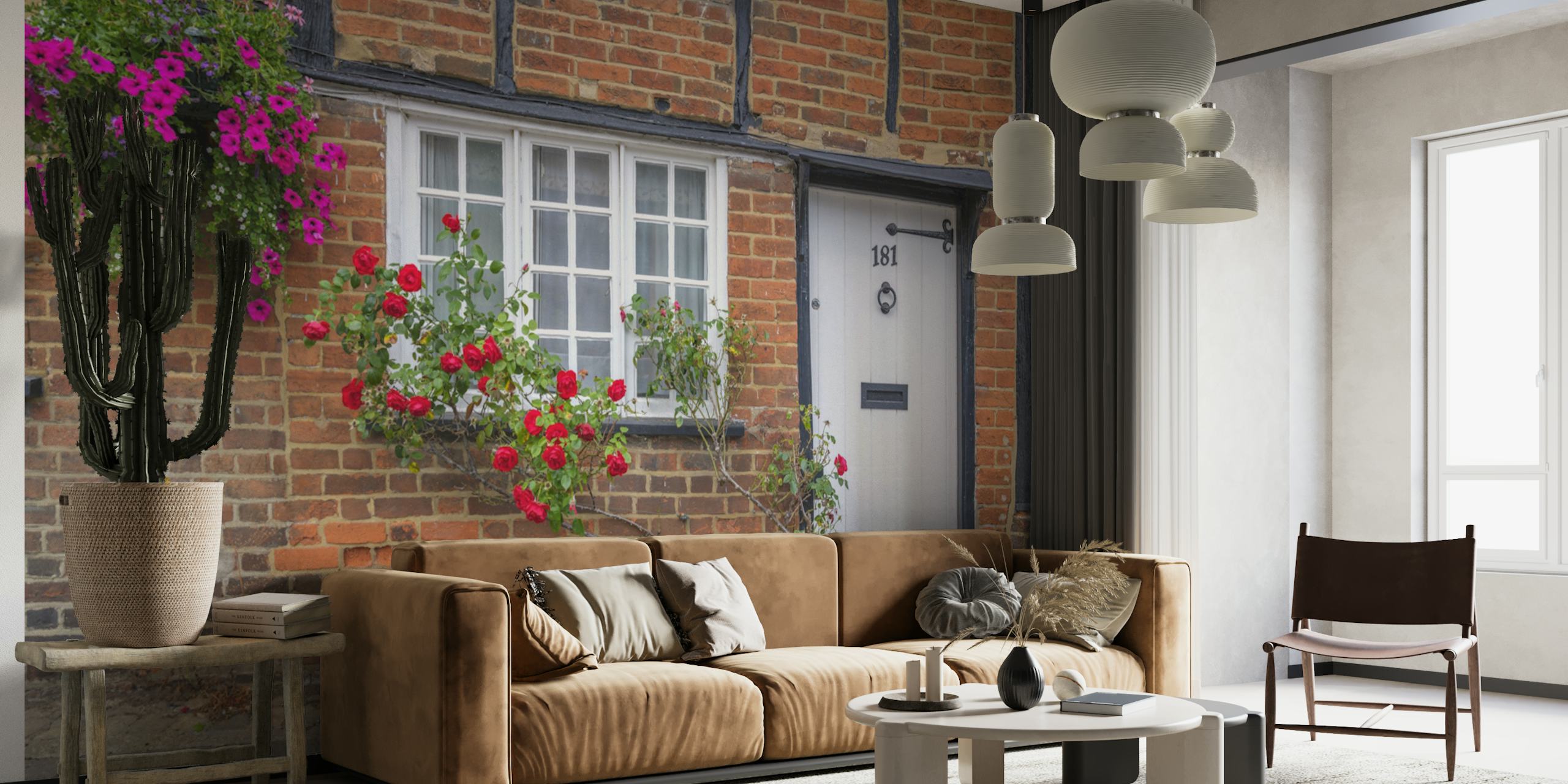 Blooming facade wallpaper displayed in a room