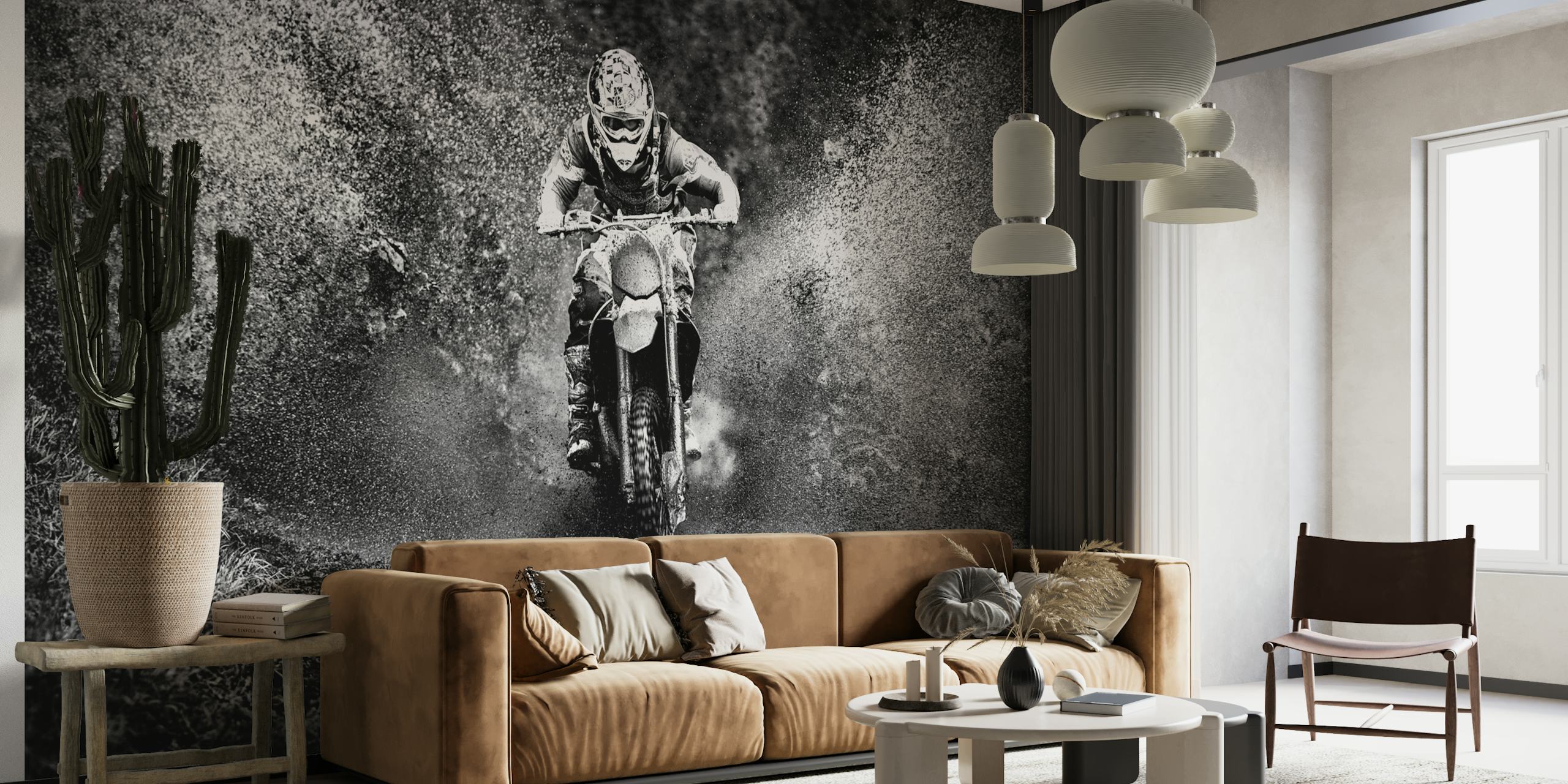 Motorcycle splashing through mud in black and white wallpaper