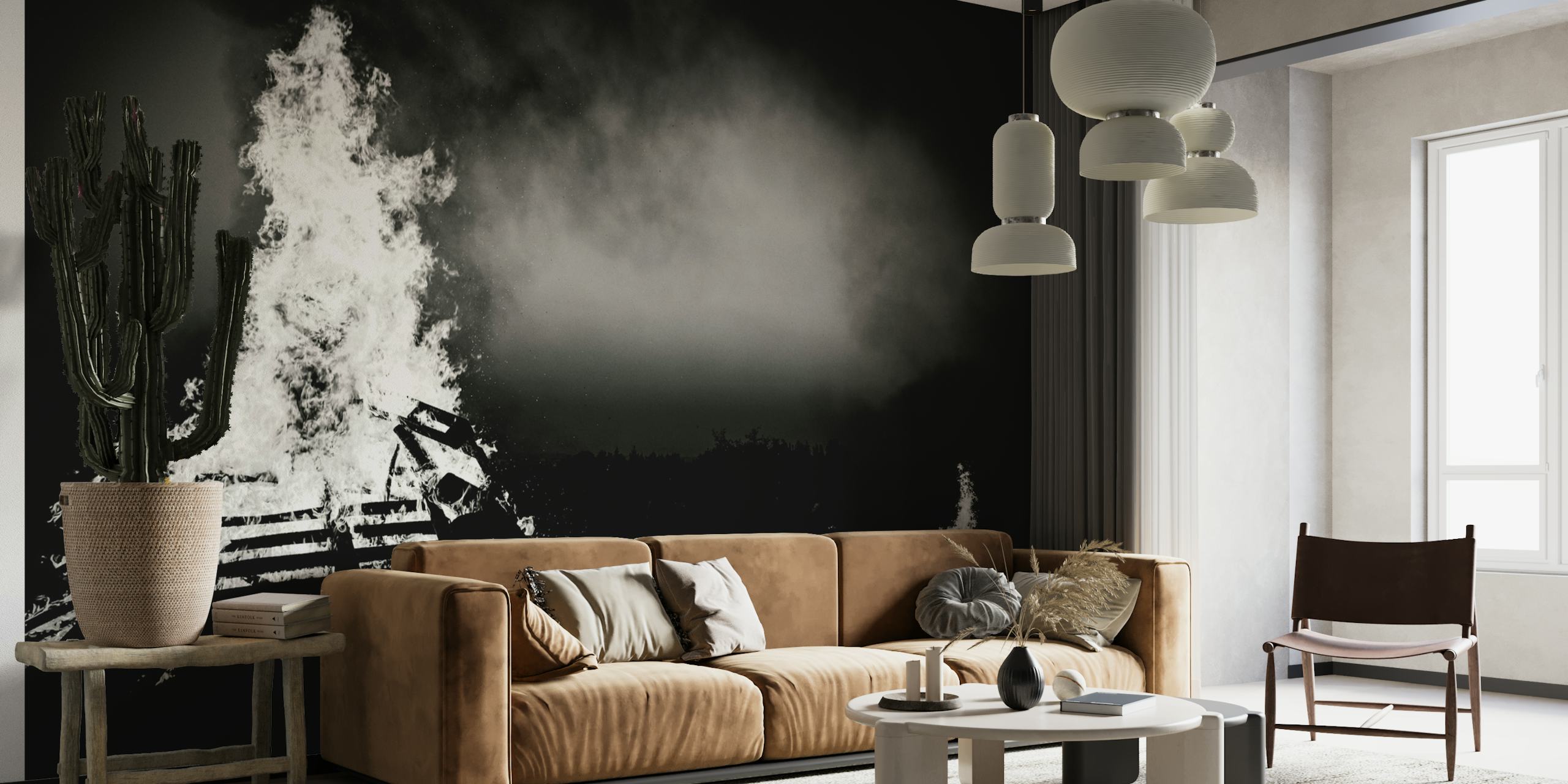 Black and white bonfire wallpaper with flames and smoke
