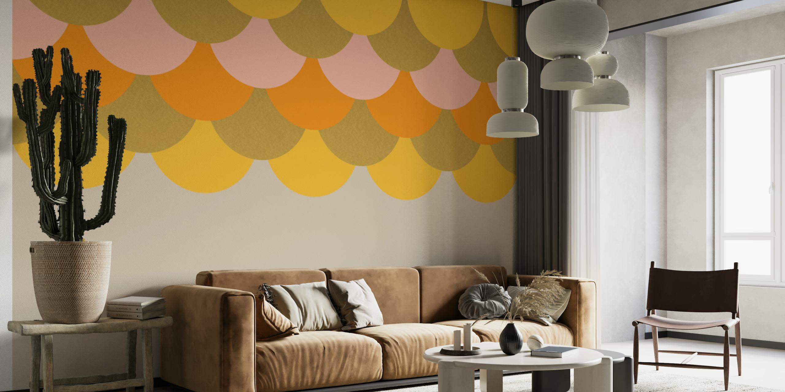 Colorful retro scales pattern in yellow, orange, and pink wallpaper