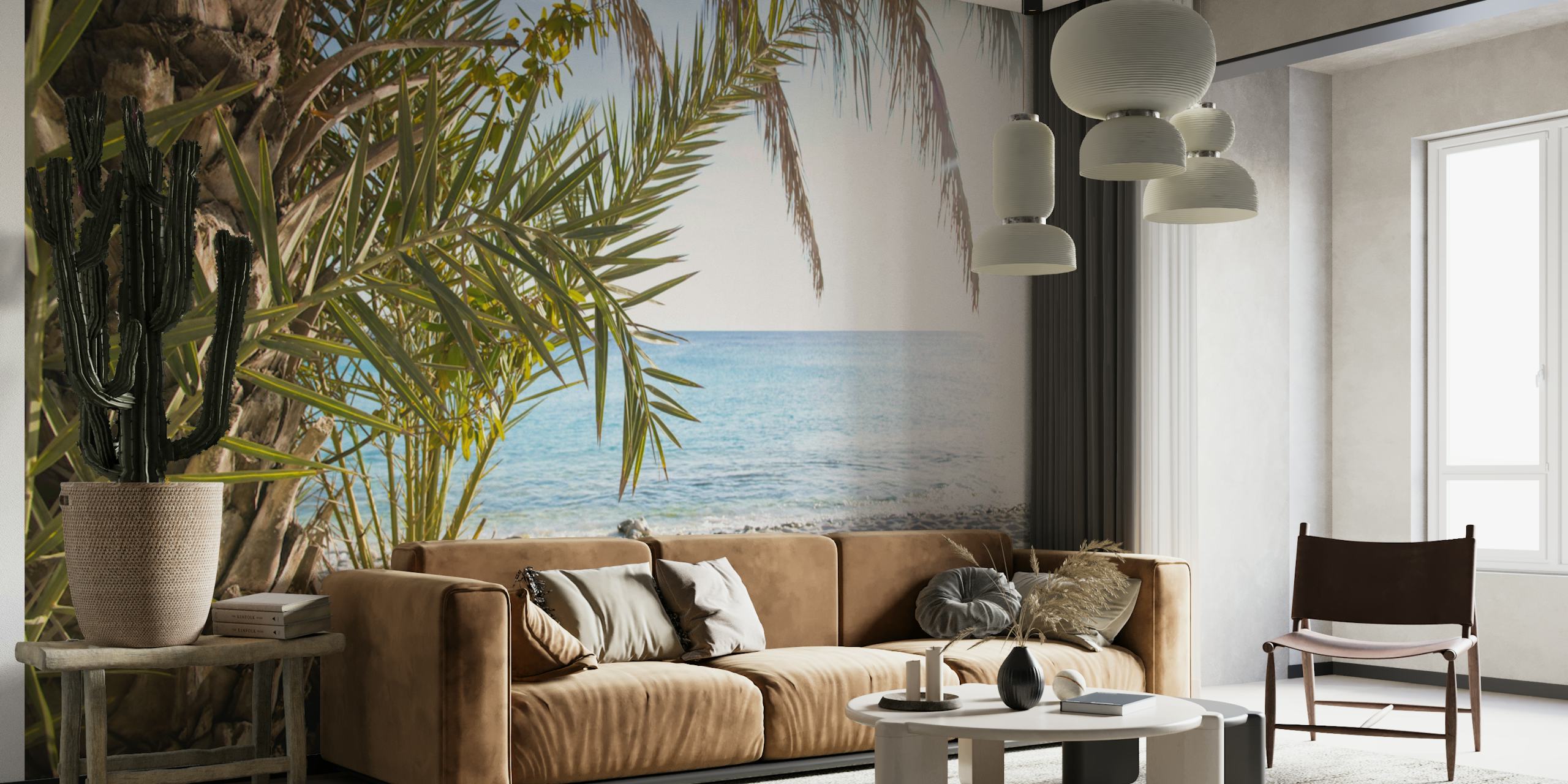 Tropisk strandtapet i et rum
