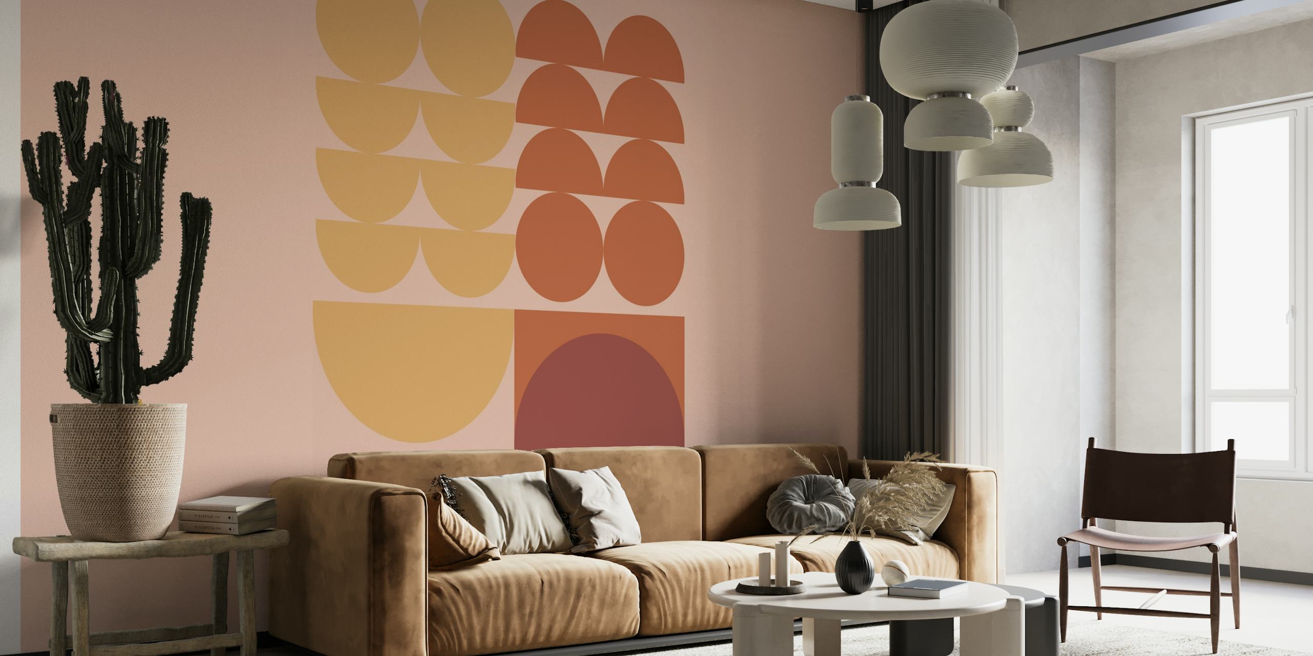 Contemporary 09 geometric wall mural with circles and rectangles in terracotta, ochre, and maroon on a blush background