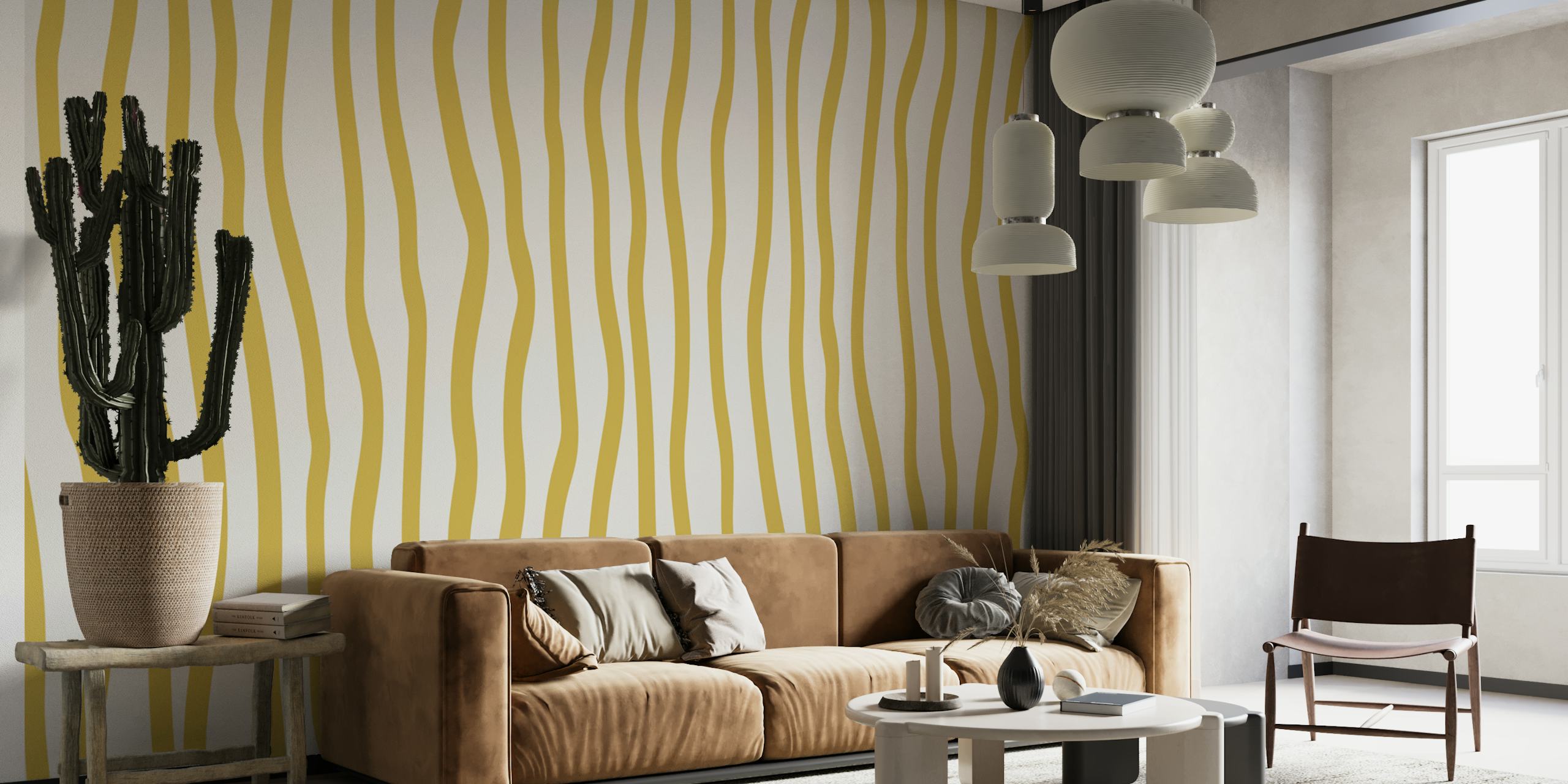 Gold wavy lines on beige background striped wallpaper
