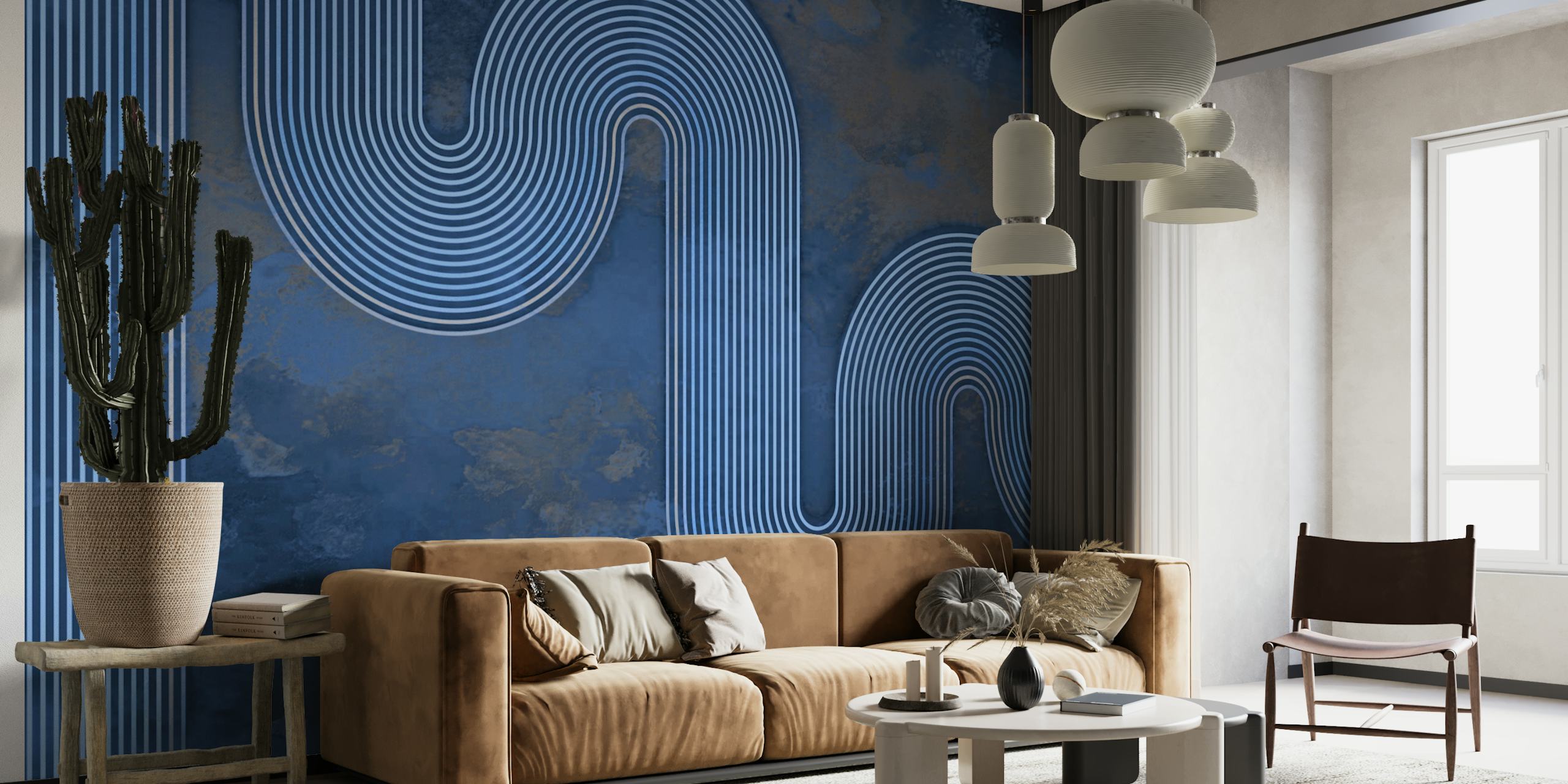 Blue curved lines wallpaper in a room