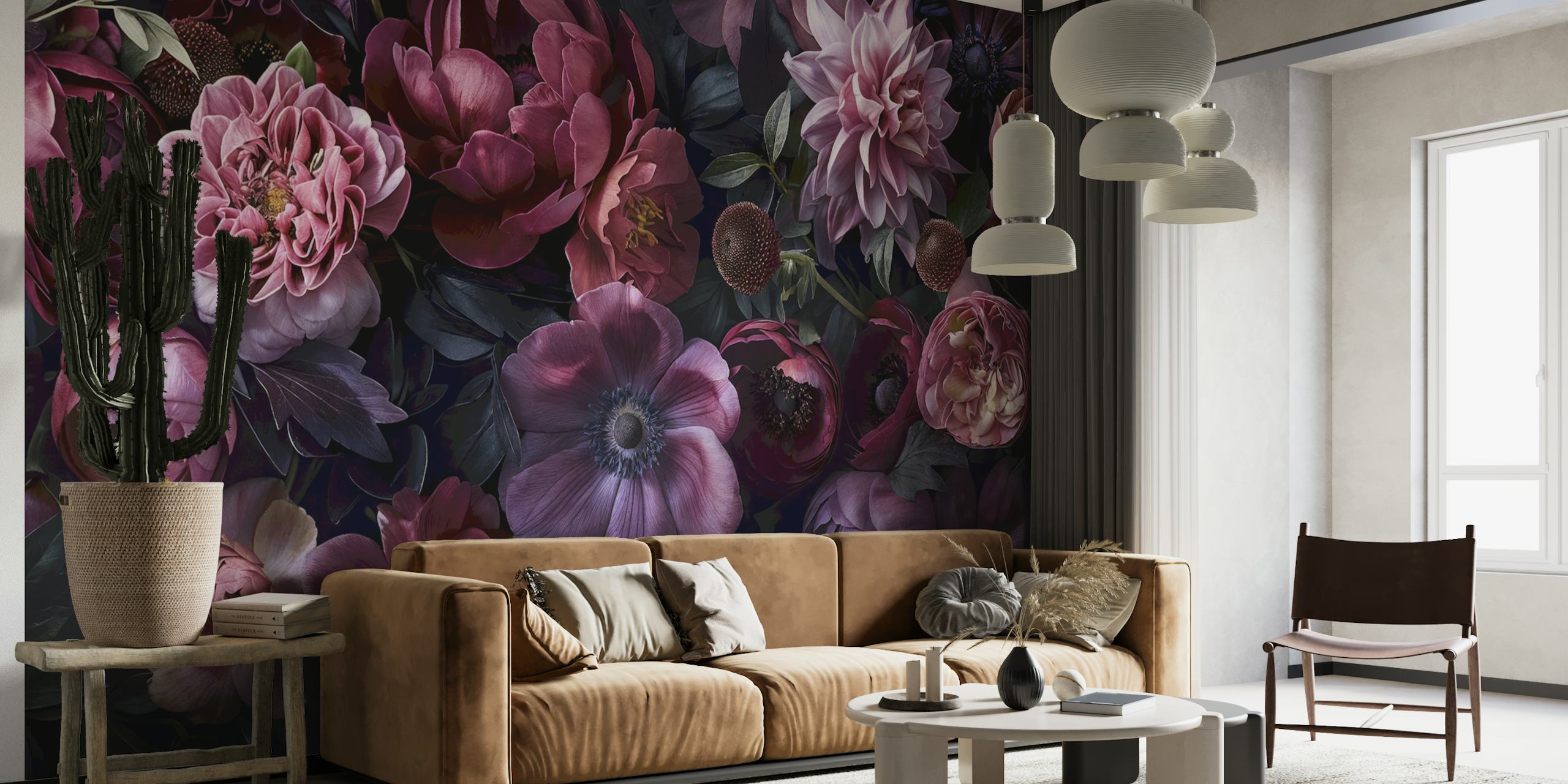 Lush mauve pink floral wallpaper with dark background