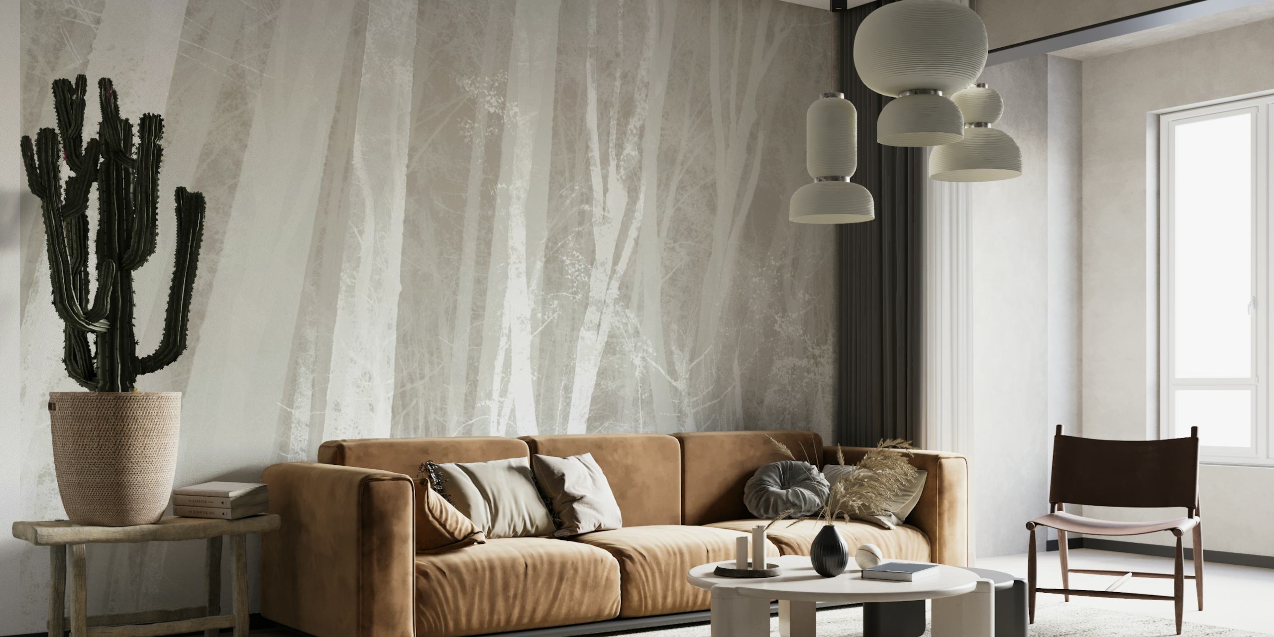 Papel de parede Misty Woodland Escape em um quarto moderno
