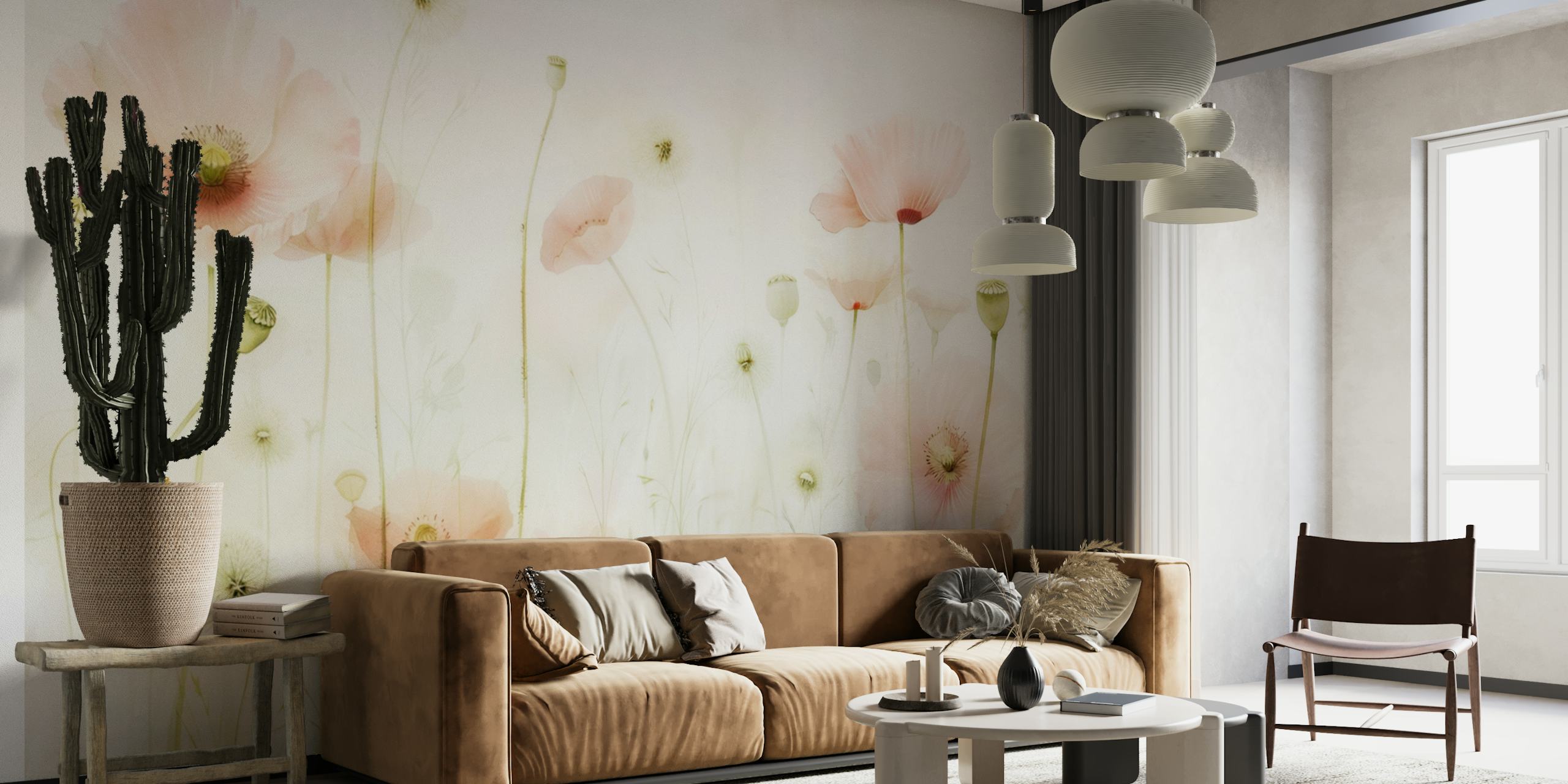 Pastel poppy fields wallpaper in a room
