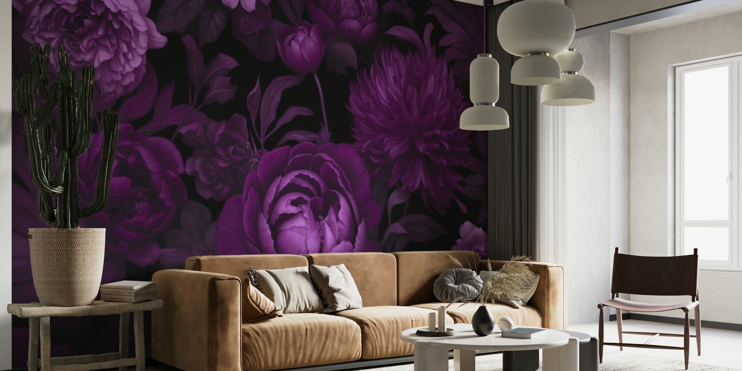 Purple floral patterns on a black background wallpaper