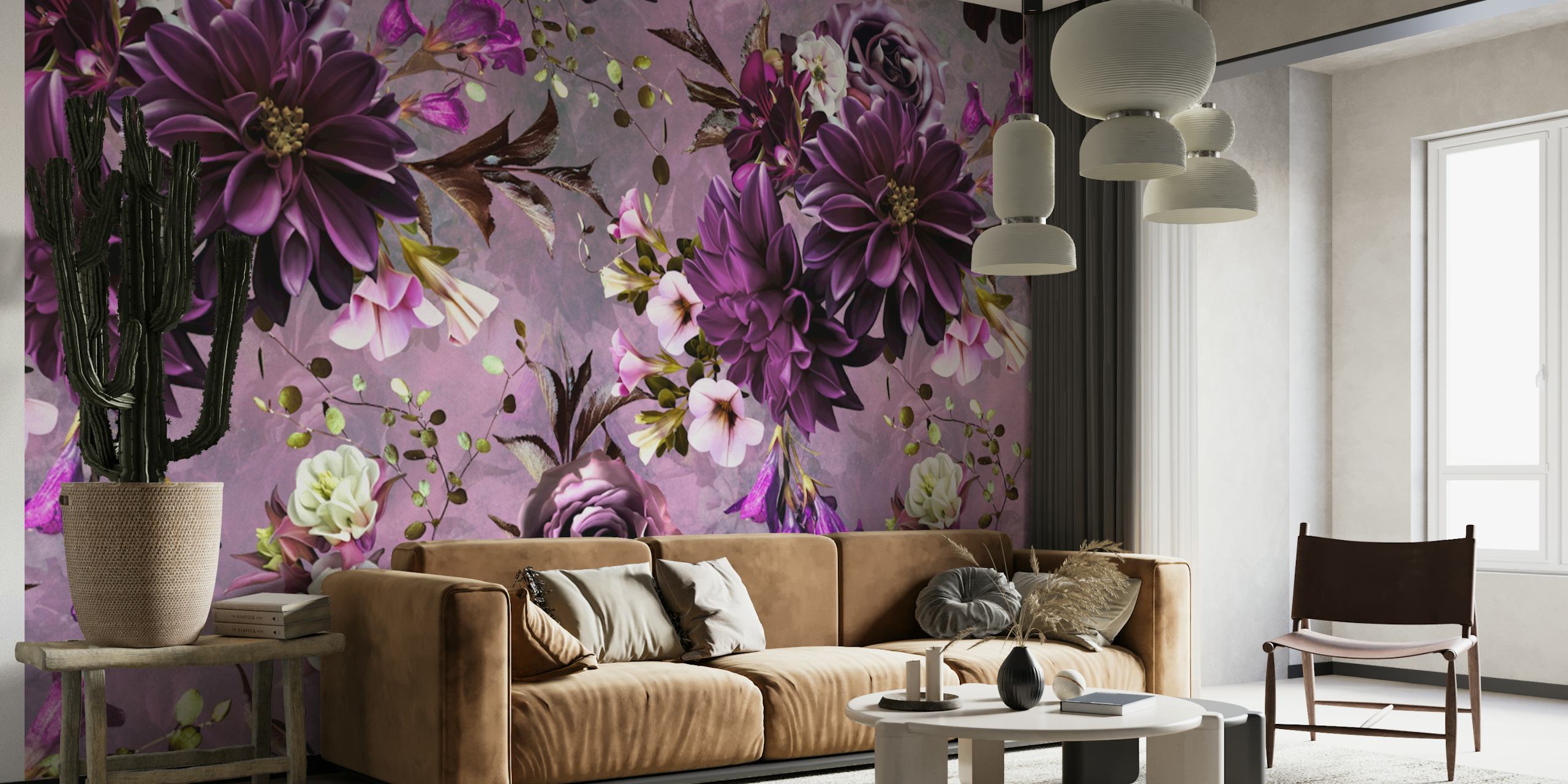 Carta da parati floreale Purple Petal Harmony in una stanza