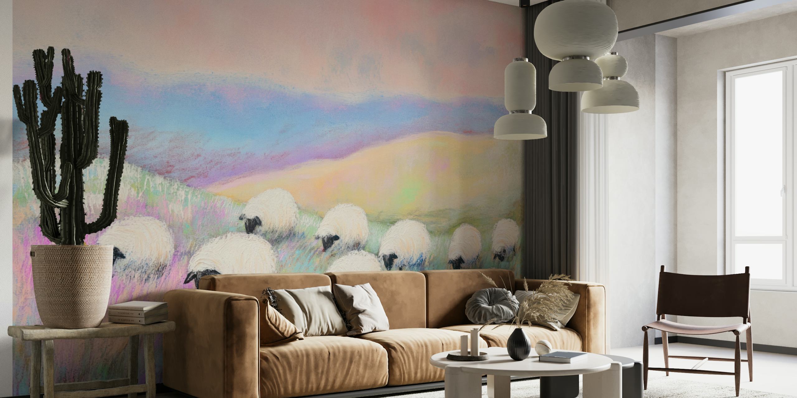 Pastel calm herd hillside wallpaper in a room