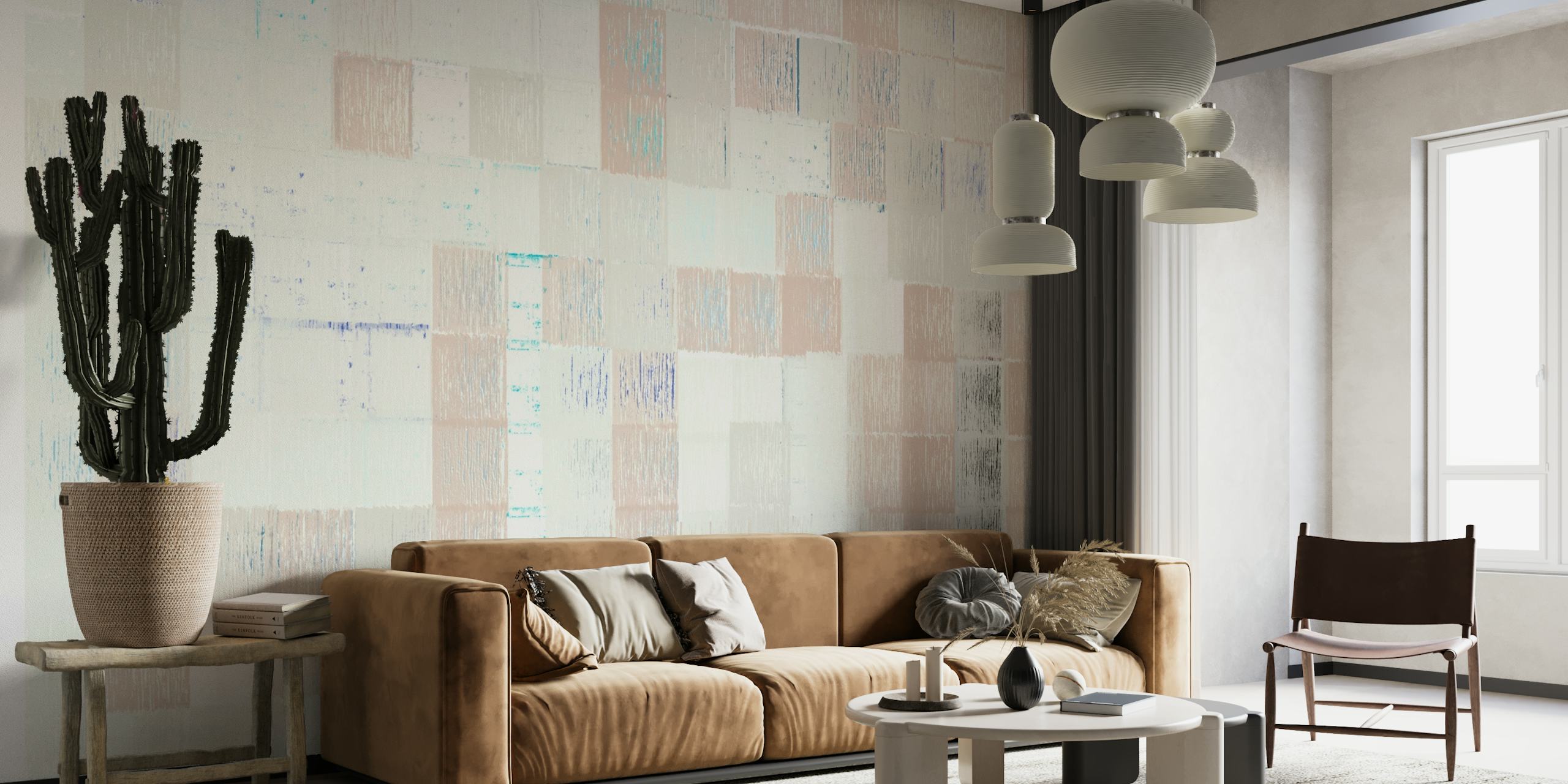 Abstract wall mural with geometric shapes and muted tones inspired by Tokyo's cityscape