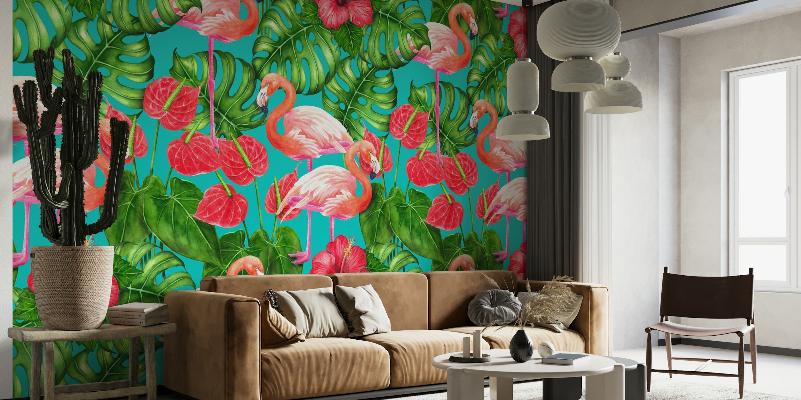 Flamingo and tropical garden behang