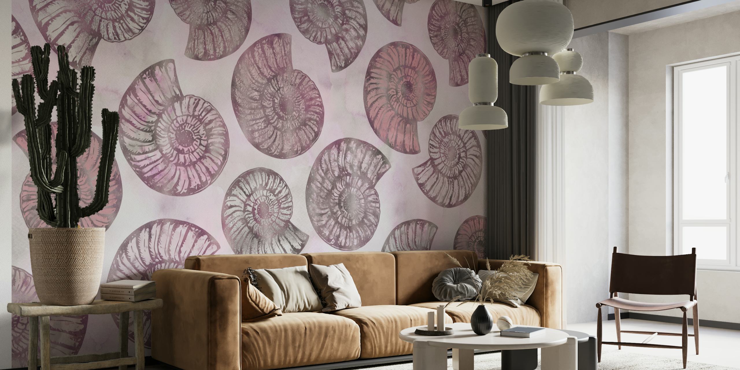 Blush pink sea shell pattern on wall mural