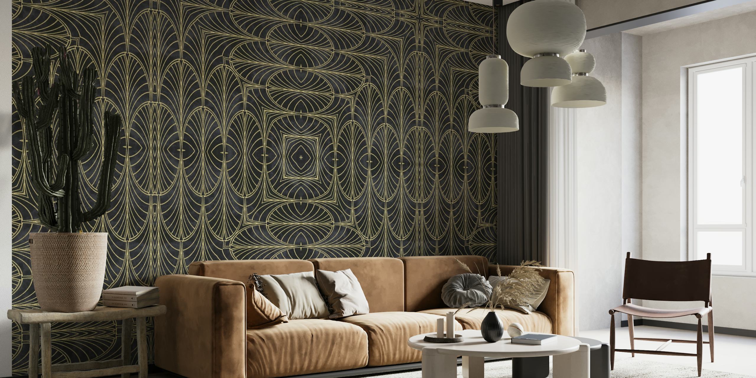 Art Deco Design Gold Black 2 wall mural with geometric gold patterns on black background