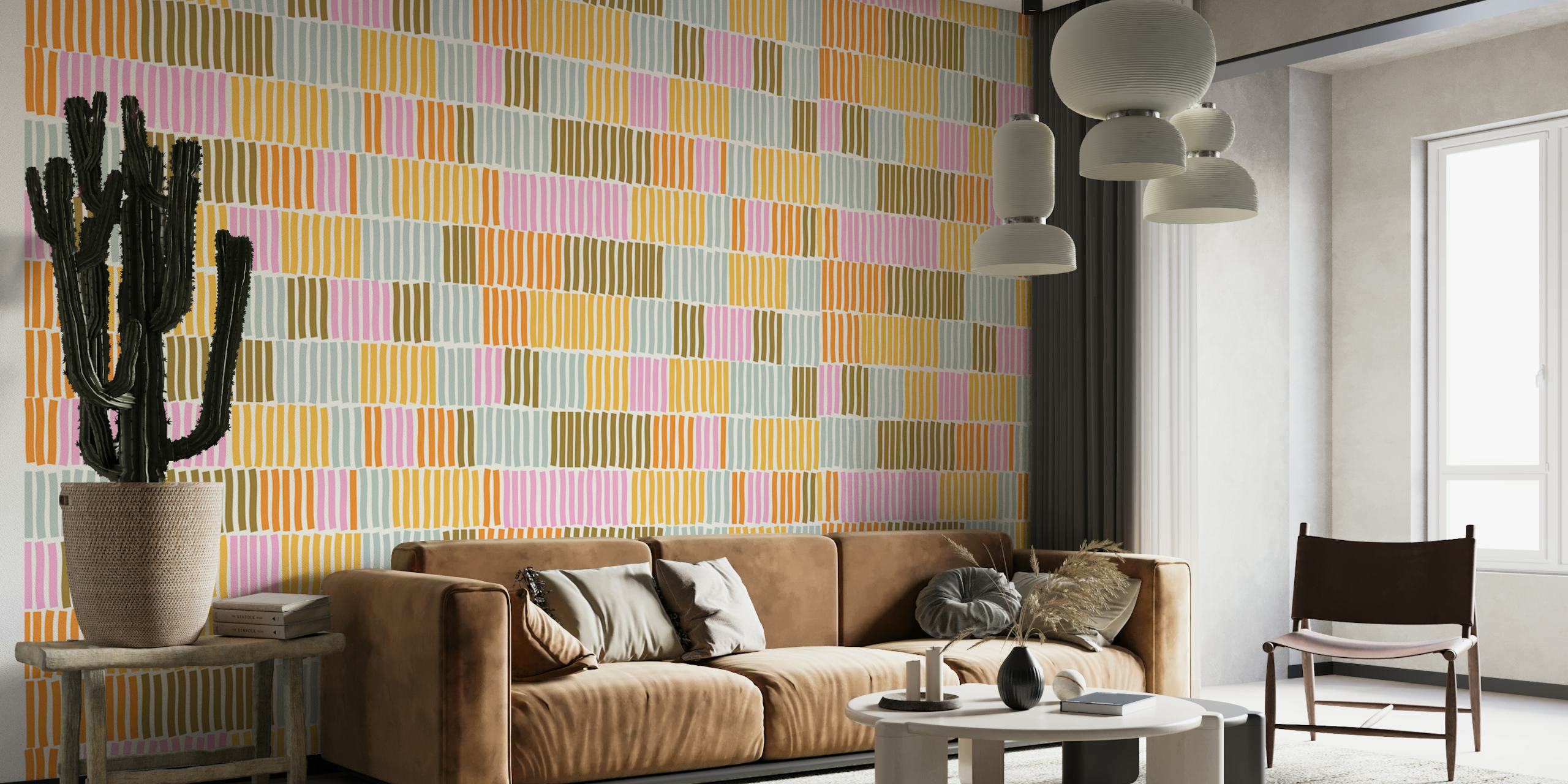 Retro Sunny Pastel Geometric Stripes tapetti huoneessa