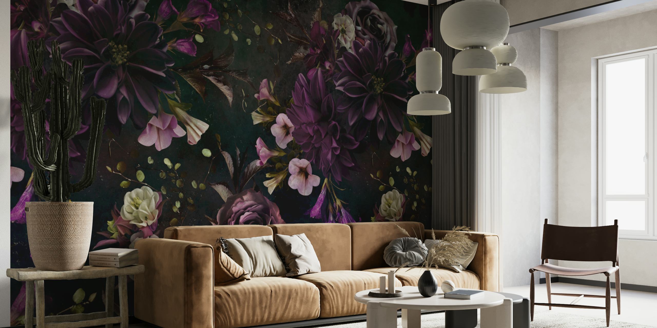 Dark floral patterns in purple and white on black background wallpaper