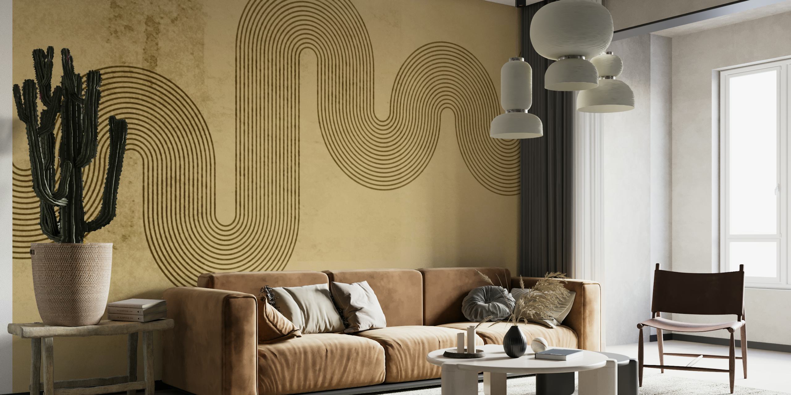 Modern geometric wallpaper with black curved lines on beige background