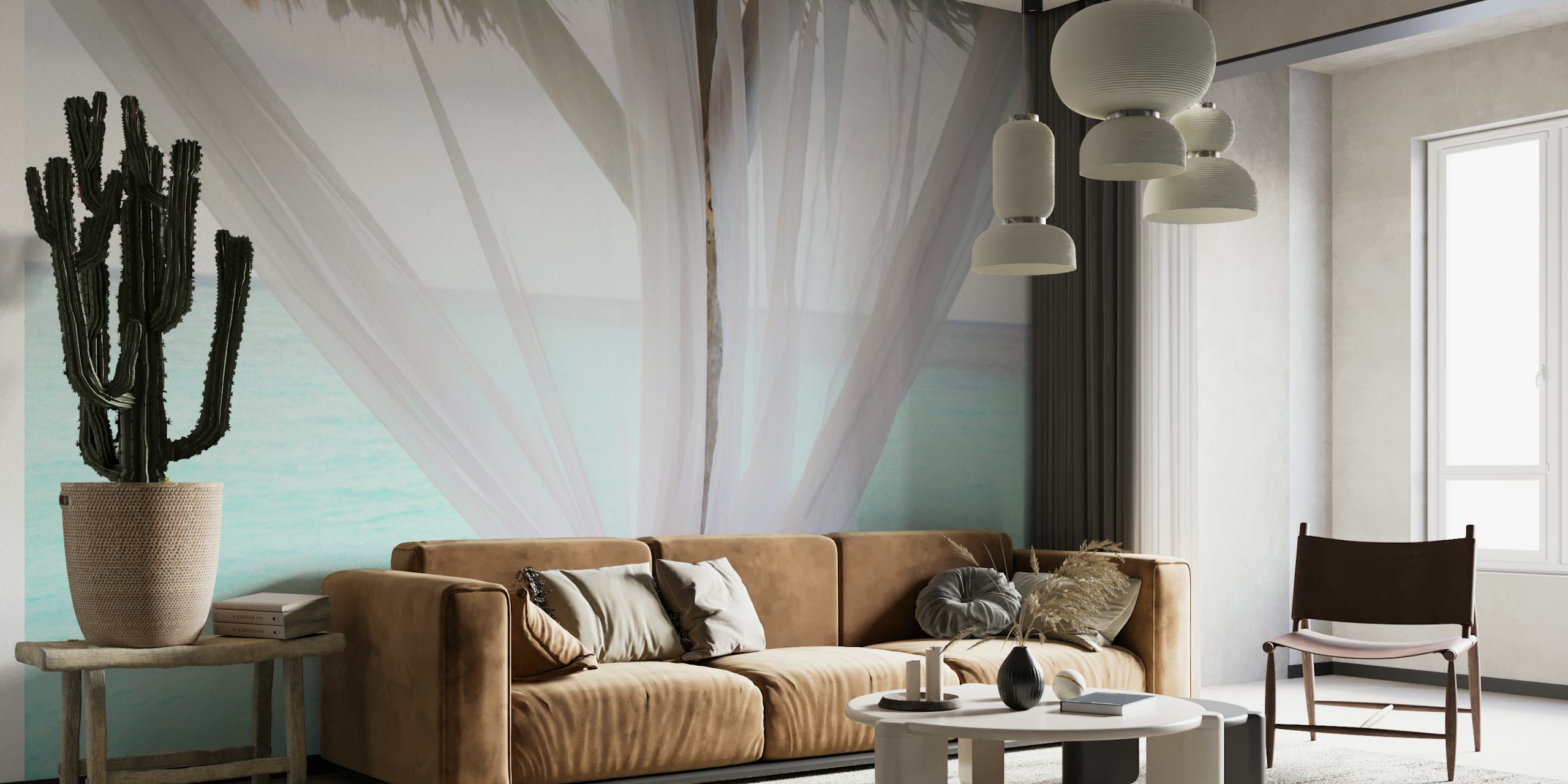 Tropical beach scene with soft pastel hues and sheer drapes wallpaper