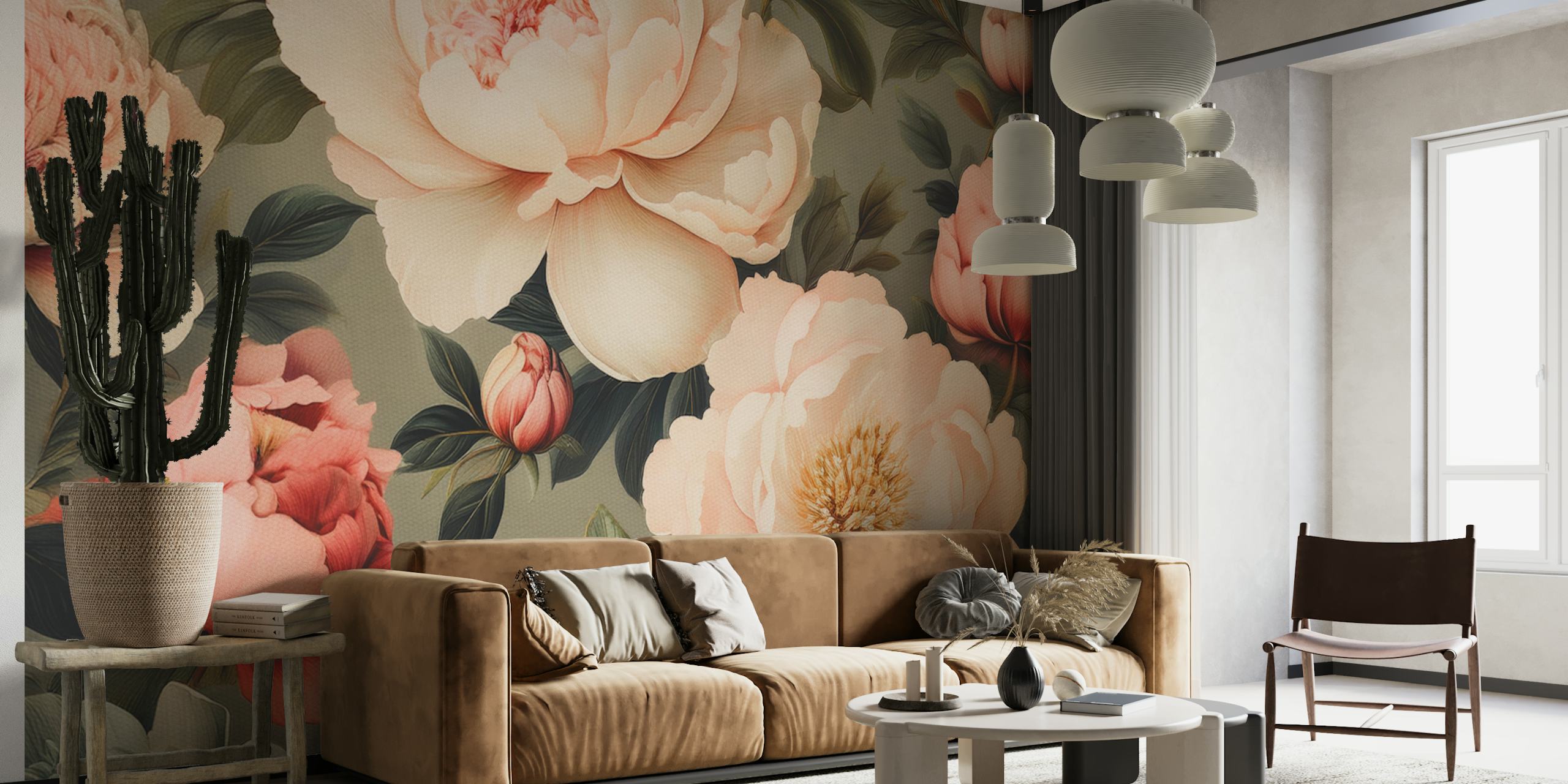 Elegant peony floral design in soft pink and cream wallpaper