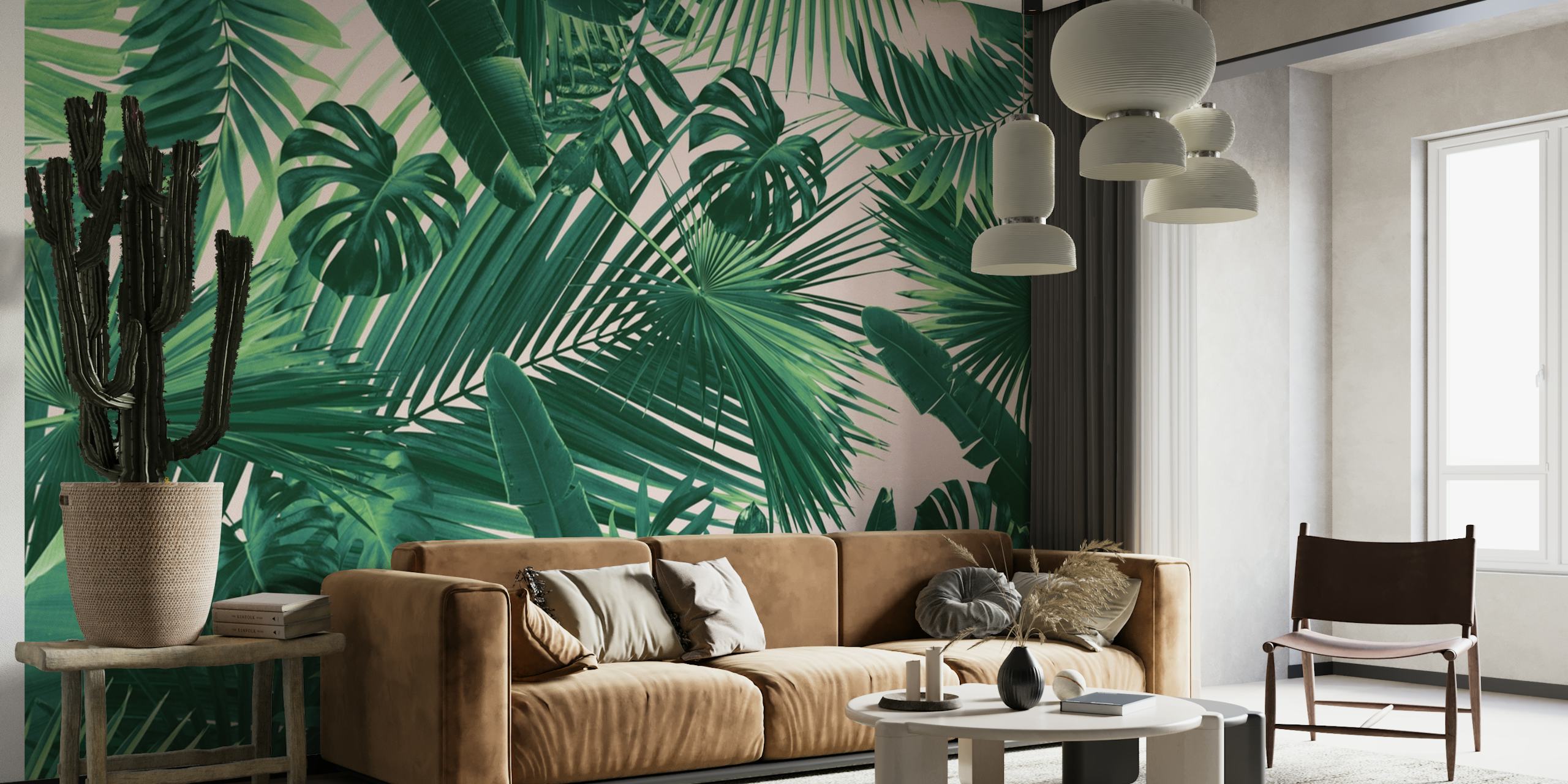 A wall mural with a design of dense jungle leaves in various shades of green, creating a peaceful tropical atmosphere.