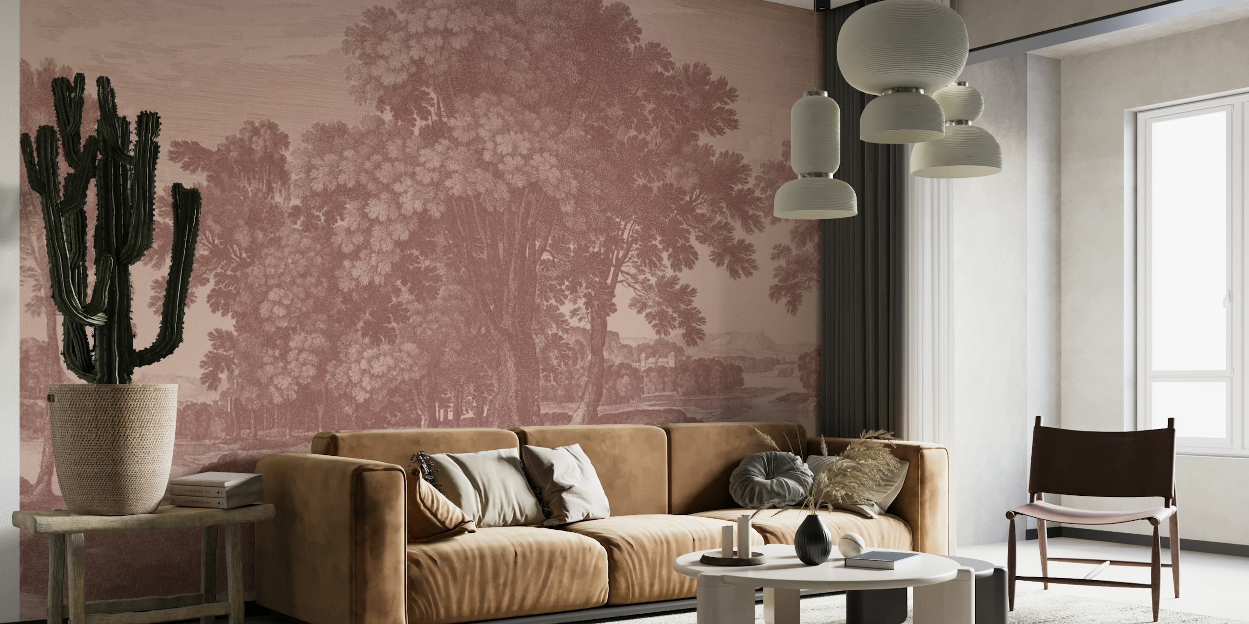 Rustic landscape with trees and hills, brown tones wallpaper
