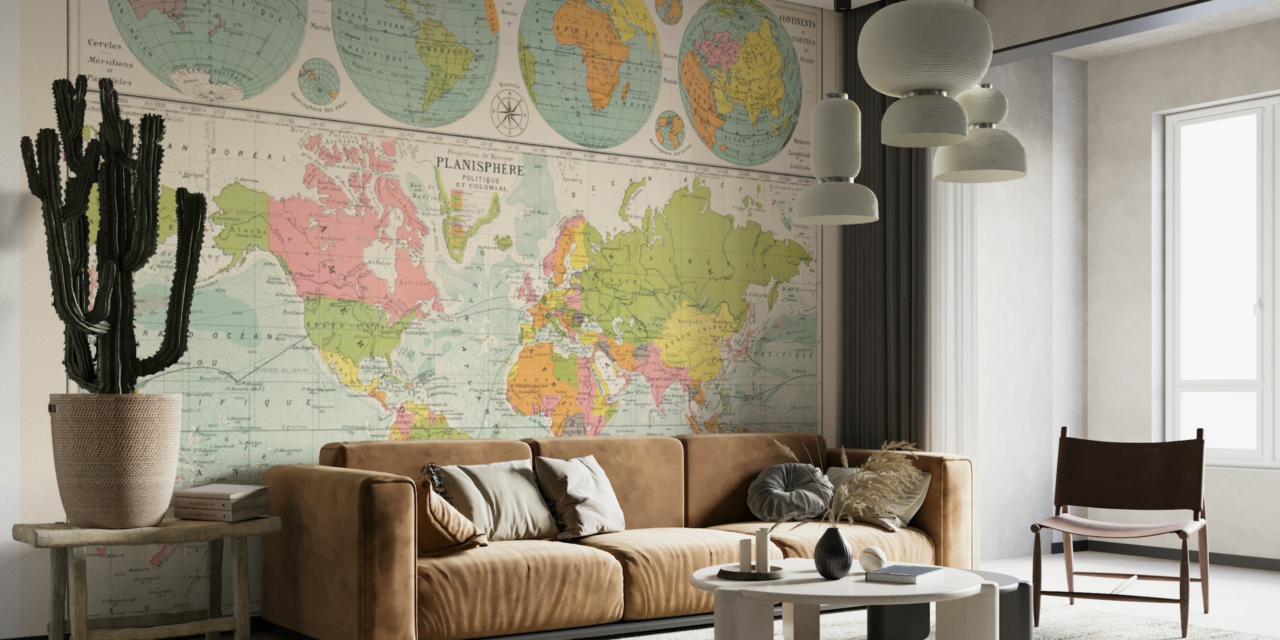 Vintage world map wallpaper in a room