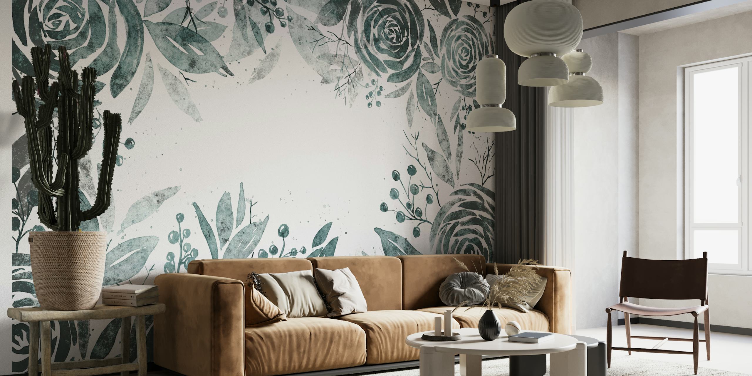 Dark floral wallpaper with green roses and leaves in watercolor style