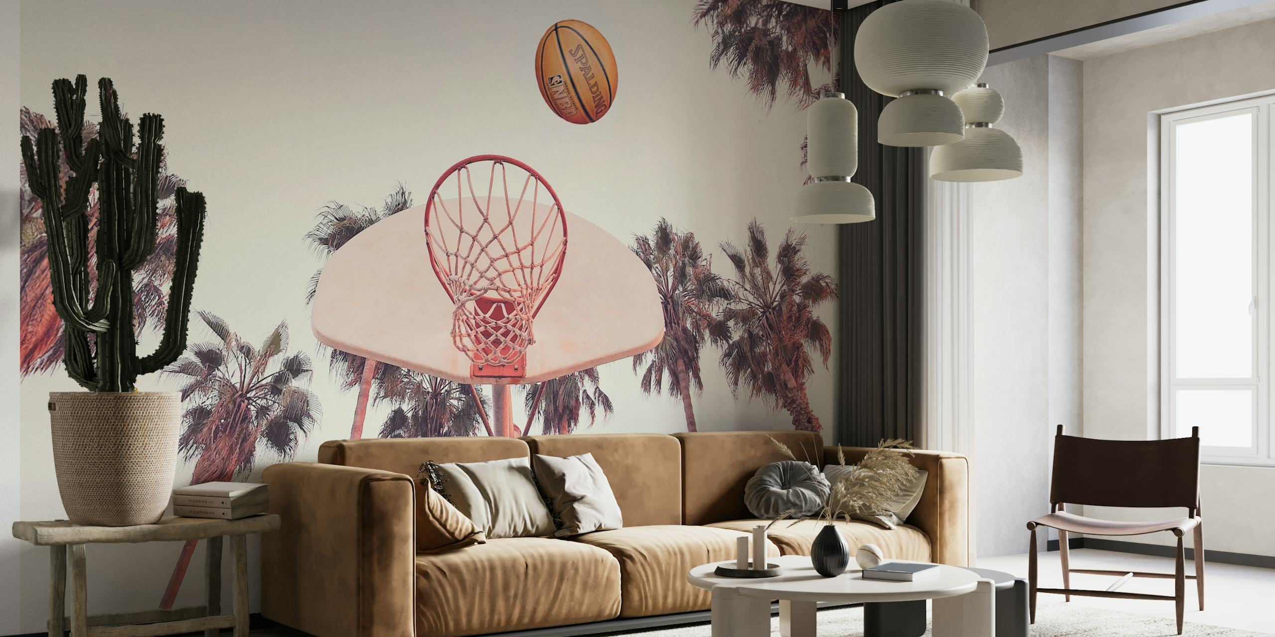 Basketball hoop with palm trees at sunset wallpaper