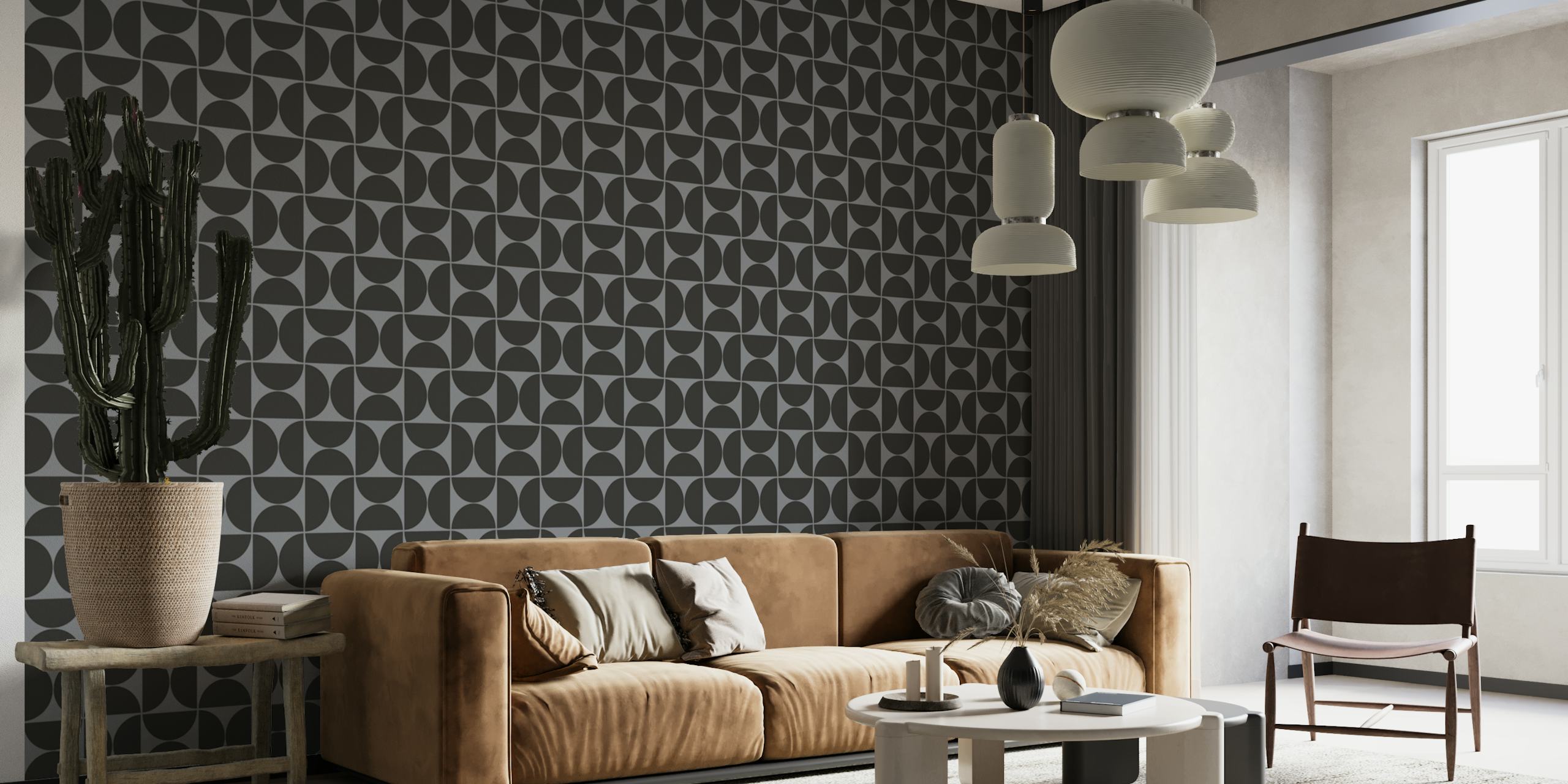 Black geometric pattern wallpaper featuring mid-century modern design.