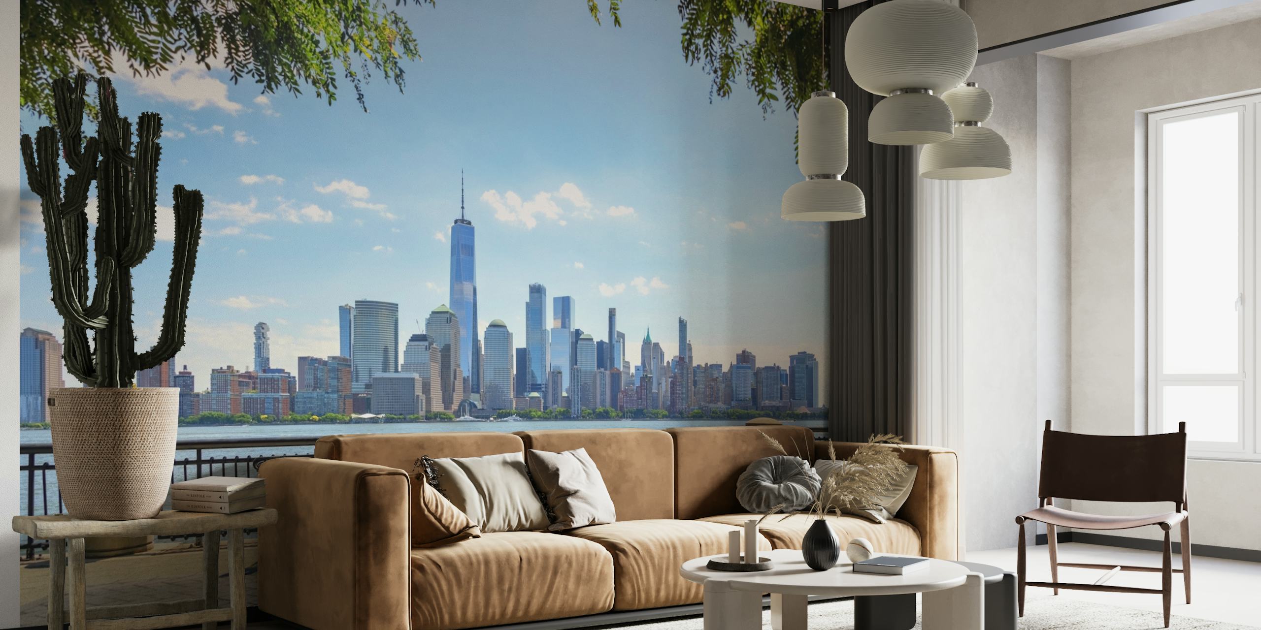 New York City skyline with benches in foreground and bright blue sky wallpaper